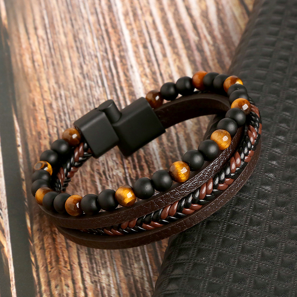 Men's Layered Braided Leather Beaded Bracelet With Tiger Eye, Natural Stone
