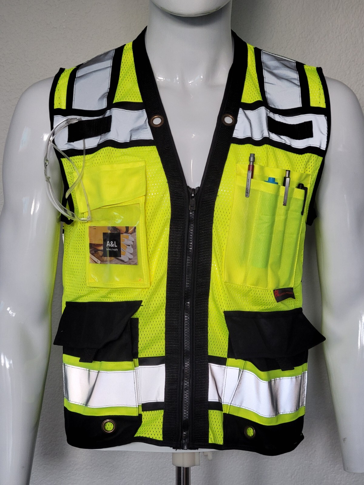 FX Green Surveyors Safety Vest with Zipper, Large Plan Pocket