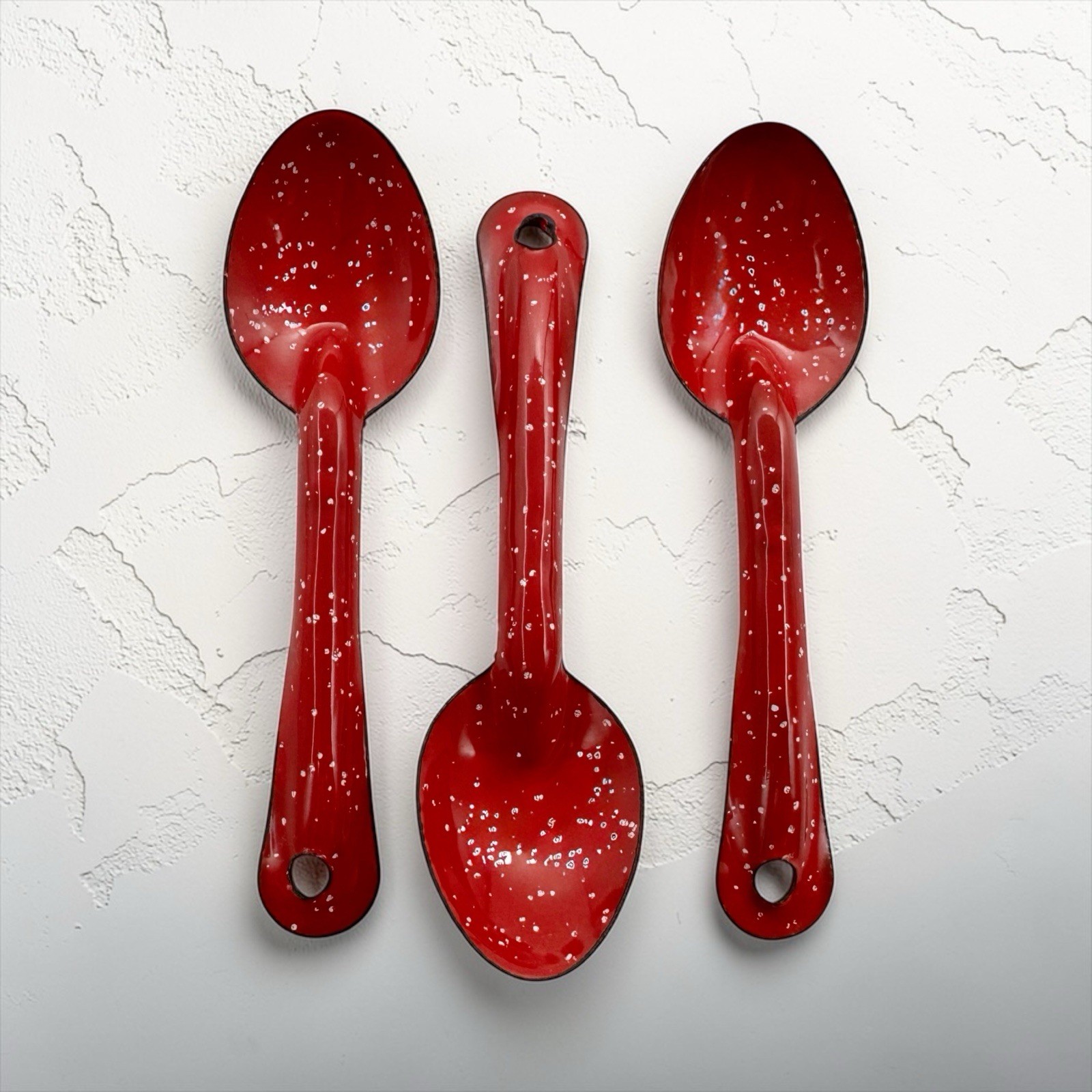 RED Speckle 6" SPOONS 3 pc Lot Vintage Enamel Metal Enamelware Camping Speckled