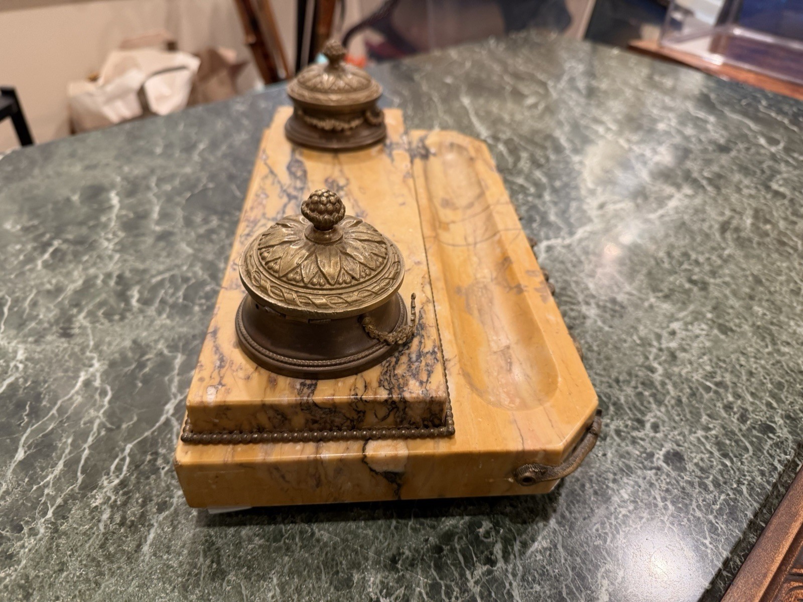 Napoleon III Large French Double Ink Well - Brass With Footed Marble Base