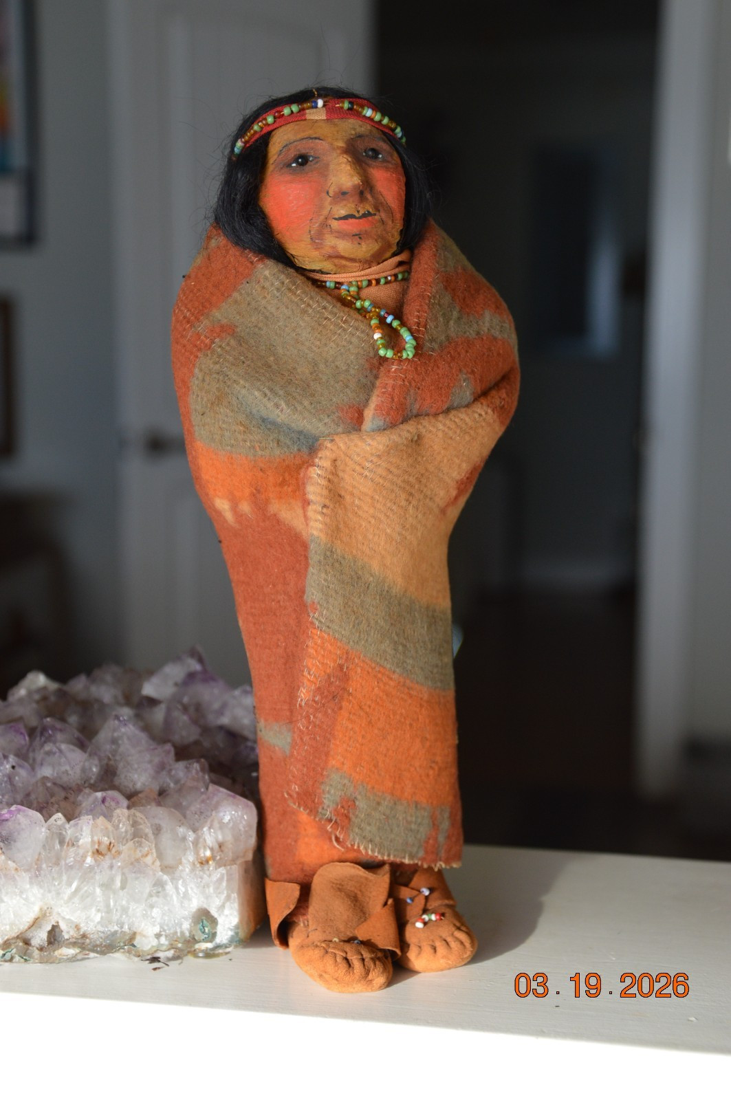 10" c.1915 Antique Original Doll Mary Francis Woods Crepe Face Blk Pin Eyes