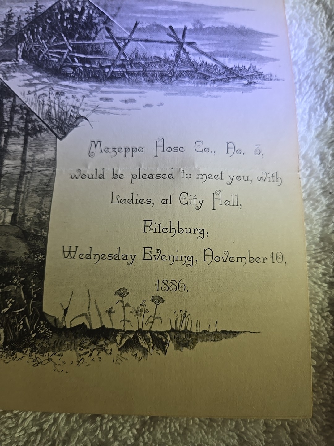 Antique Grand Fireman's Ball Invitation MAZEPPA HOSE COMPANY 3 FITCHBURG,MASS.