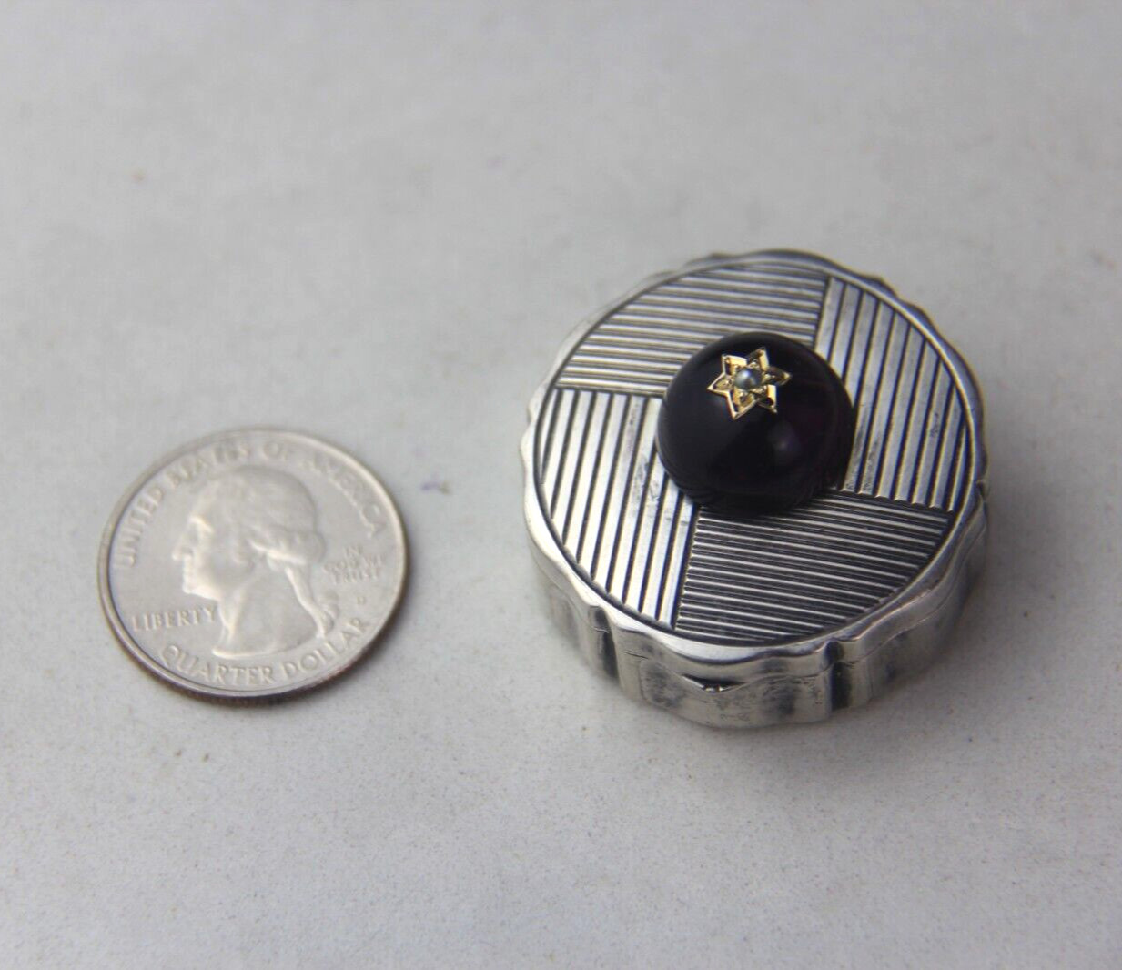 German 800 Silver Round Pill Box w/ Round Amethyst Cabochon & Seed Pearl on Lid