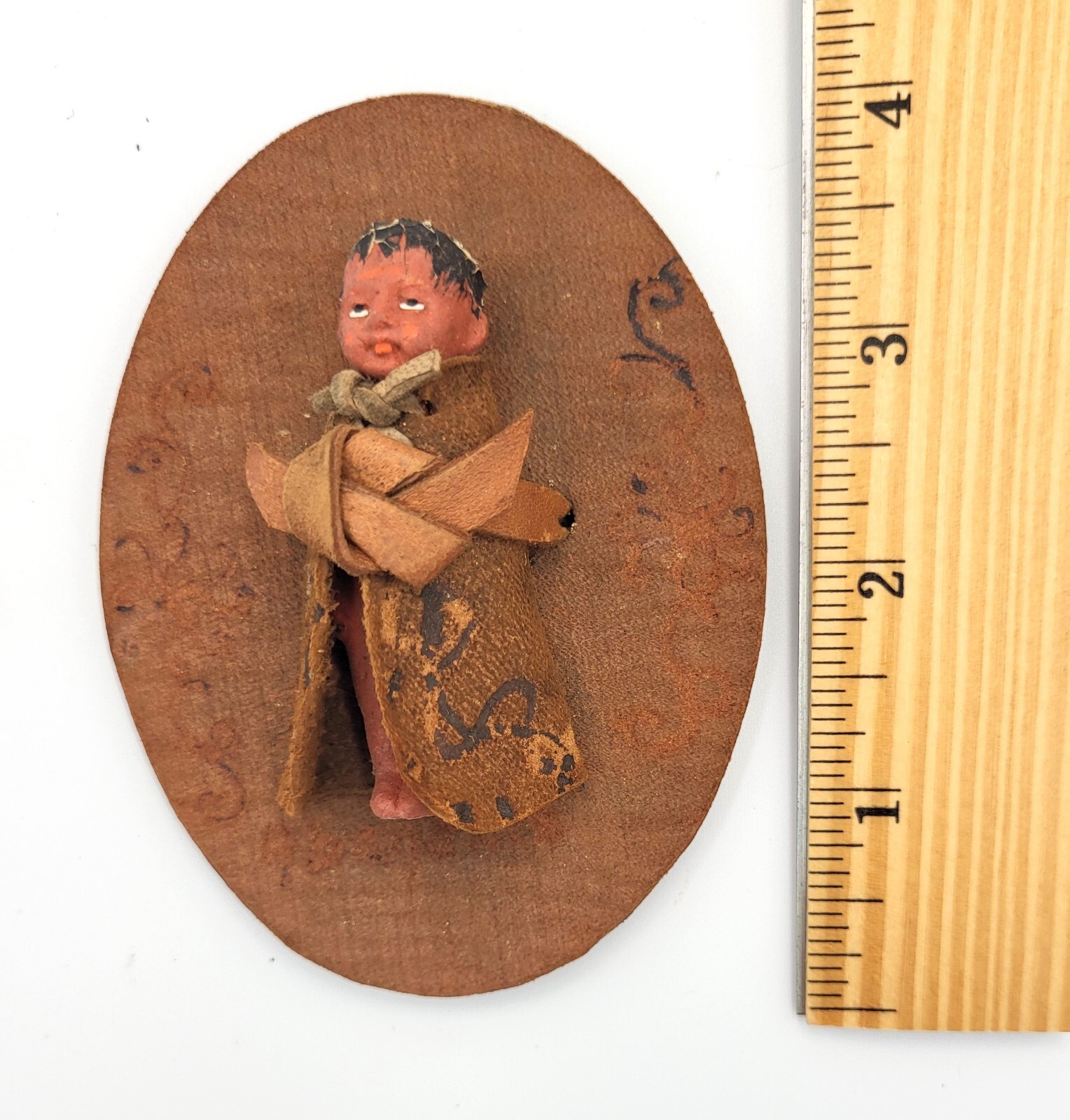 Antique Hand Crafted Clay And Leather Native American Papoose Cradle Doll