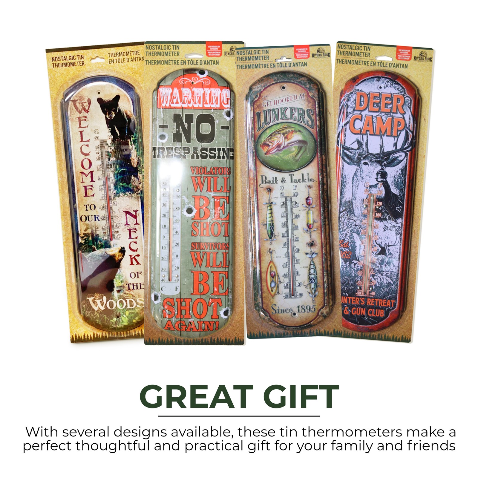 Rivers Edge Products Tin Thermometer, 17" x 5" Indoor or Outdoor Thermometer,