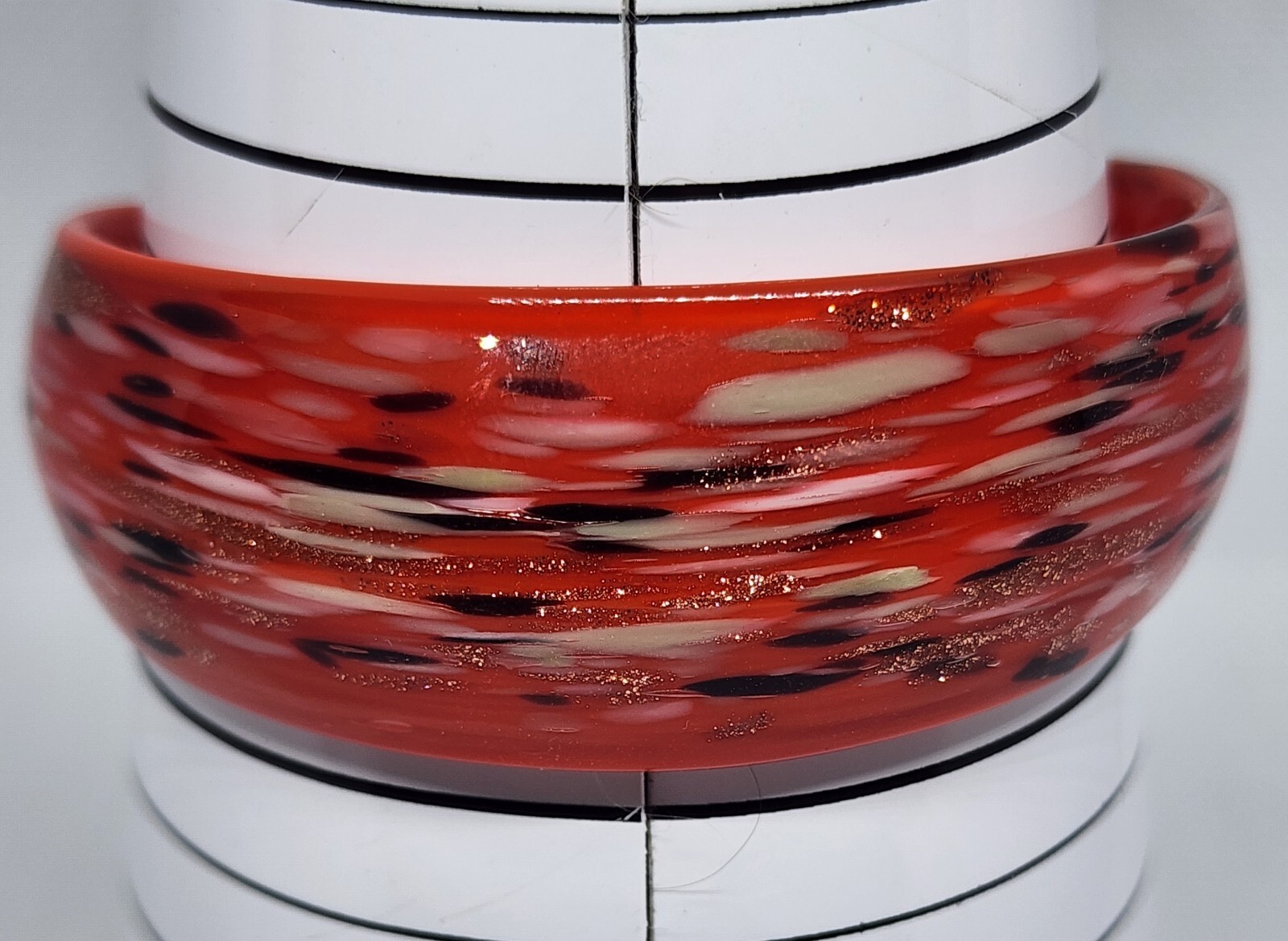 Red Black Beige Glass Cuff Bracelet with Gold Glitter Pre-Owned