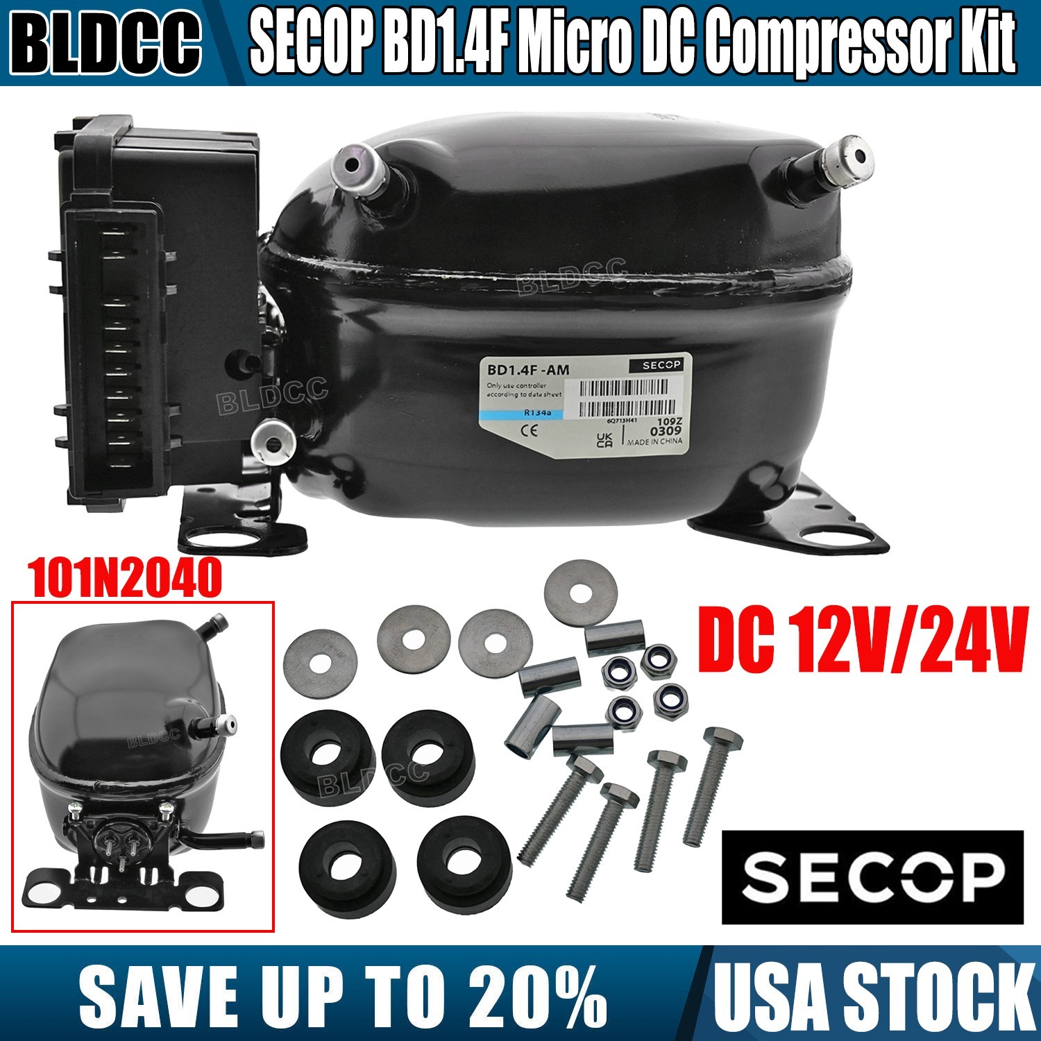 DC12V/24V BD1.4F Car Refrigeration R134a Mini DC Compressor &101N2040 Controller