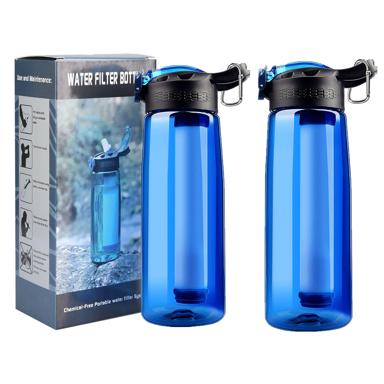 Water Filter Bottle Integrated Straw Purifier Outdoor Camping Hiking 650ml/22oz