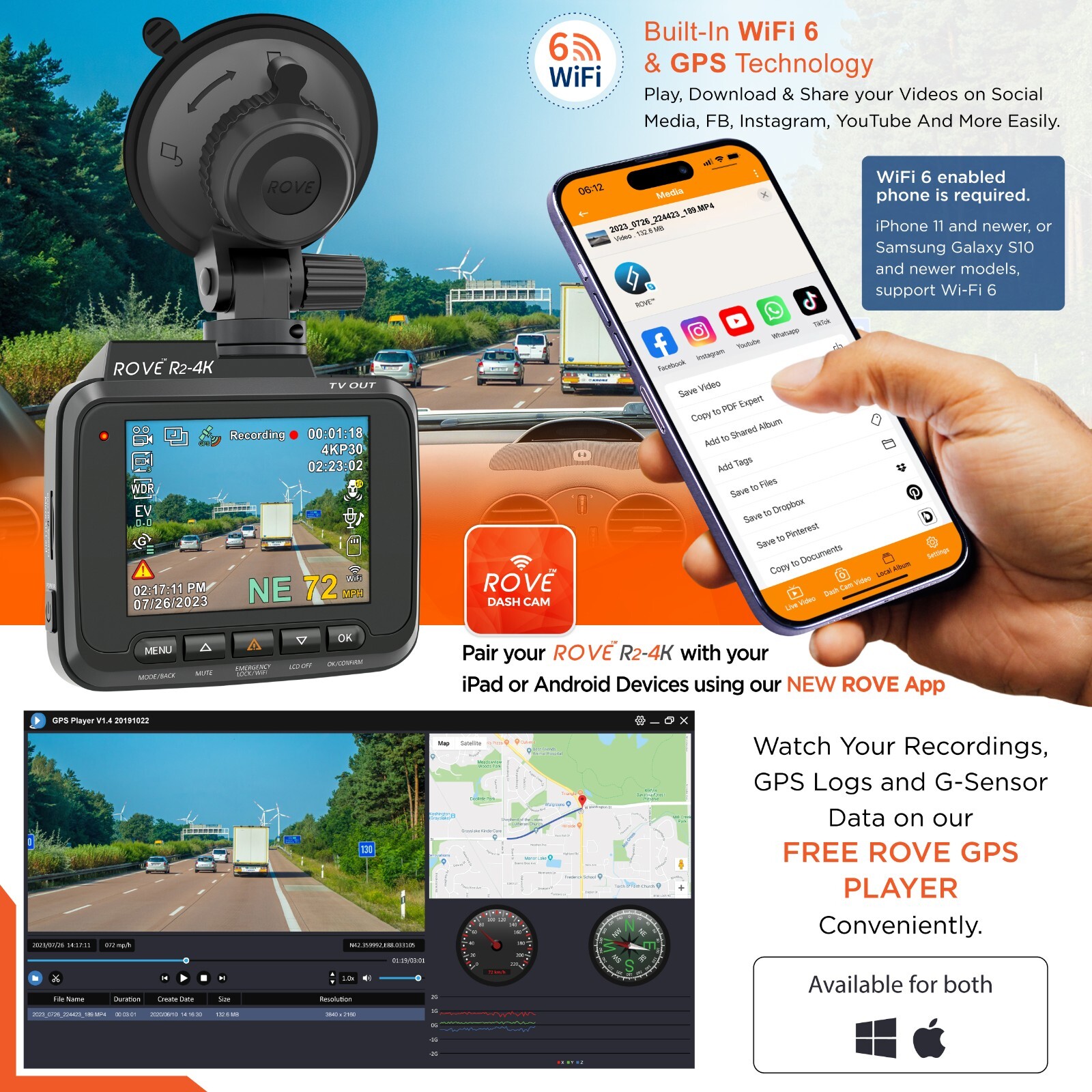Rove R2-4K Car Dash Cam - 4K Ultra HD 2160P - Built-In WiFi & GPS (Refurbished)