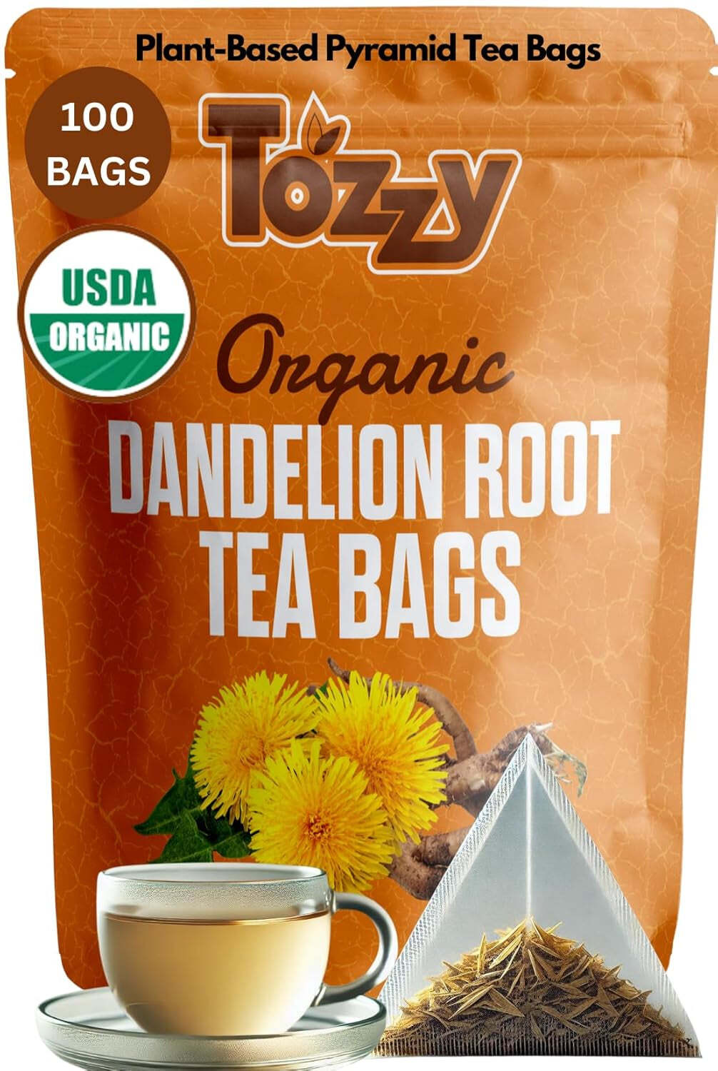 Organic Dandelion Root Tea - 100 Count (Plant-Based Pyramid Tea Bags)