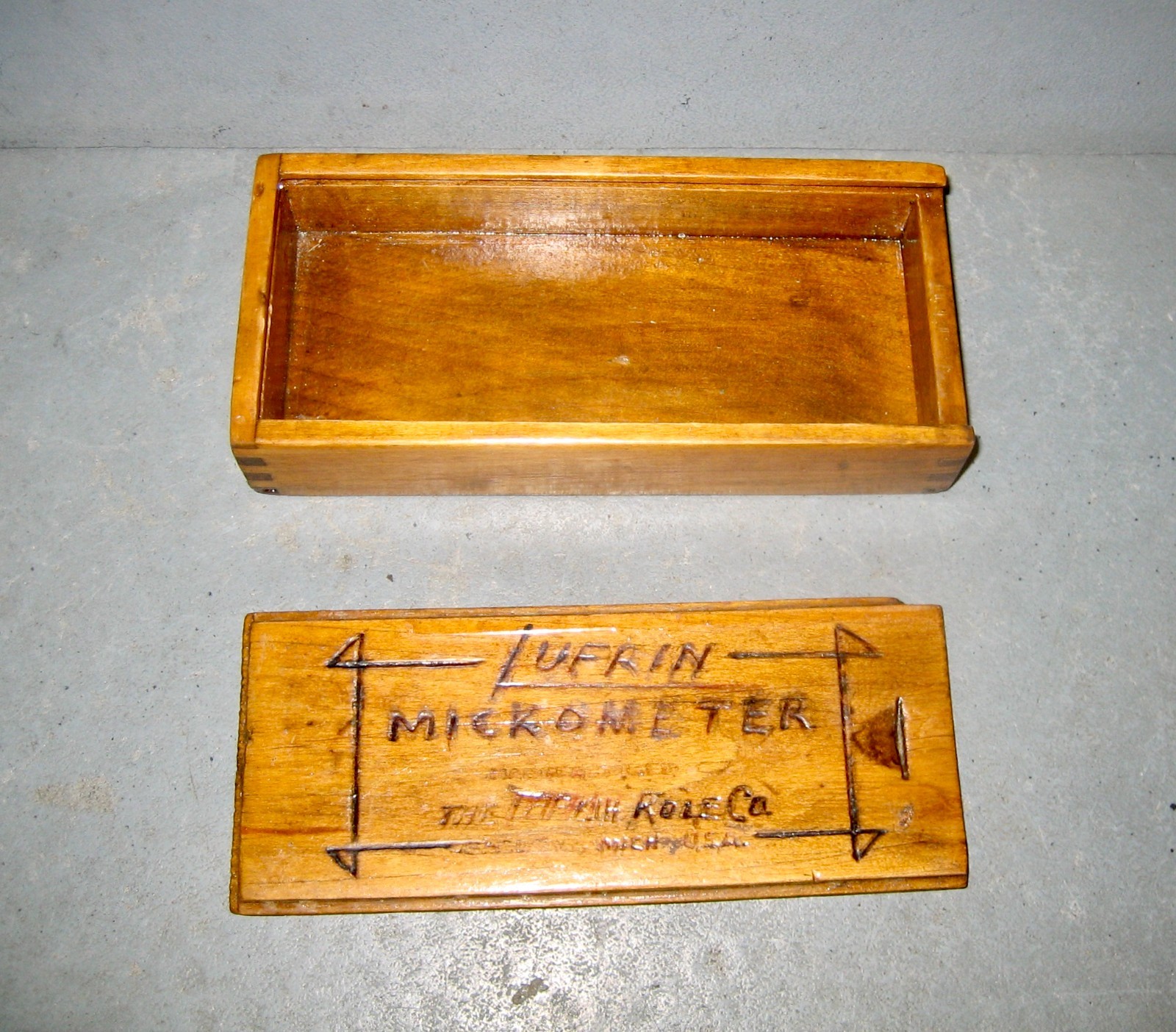 Lufkin Micrometer Wood Storage Box with garage humor: spelled Lufrin Mickometer