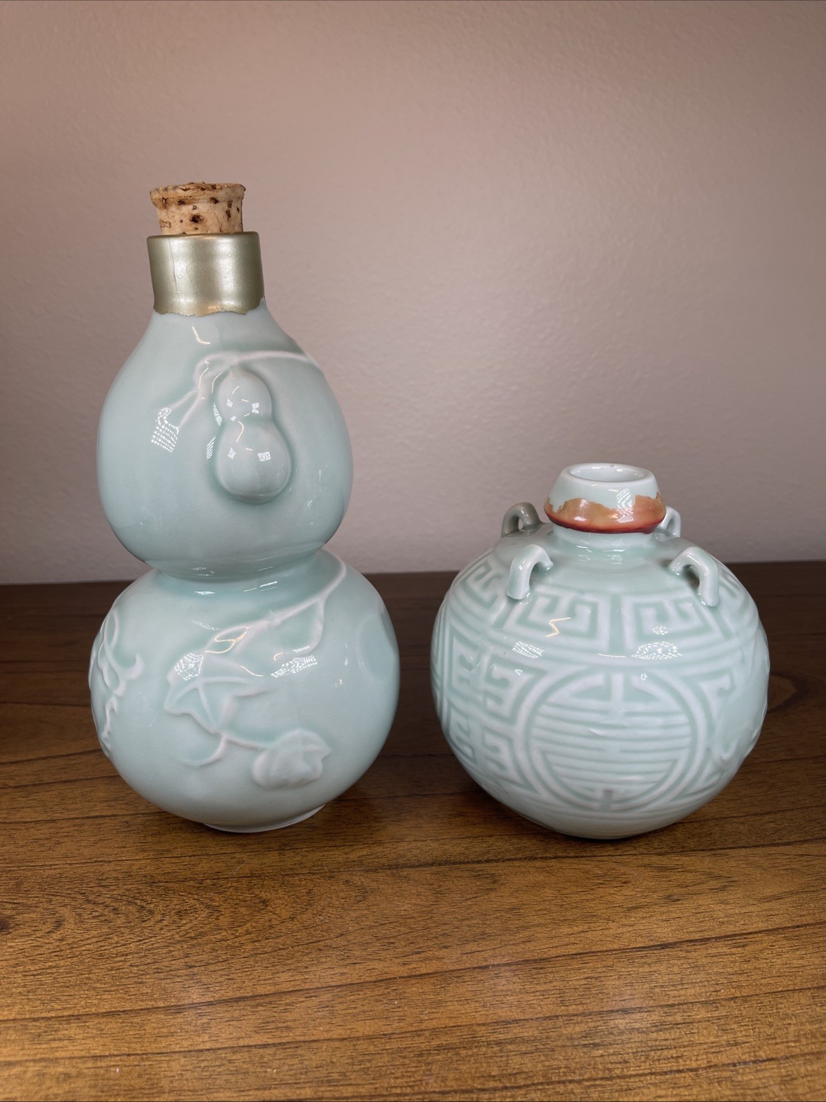 (2) Vtg Rice Wine Gourd Shaped Ceramic Pottery Bottles Empty Celadon Glaze