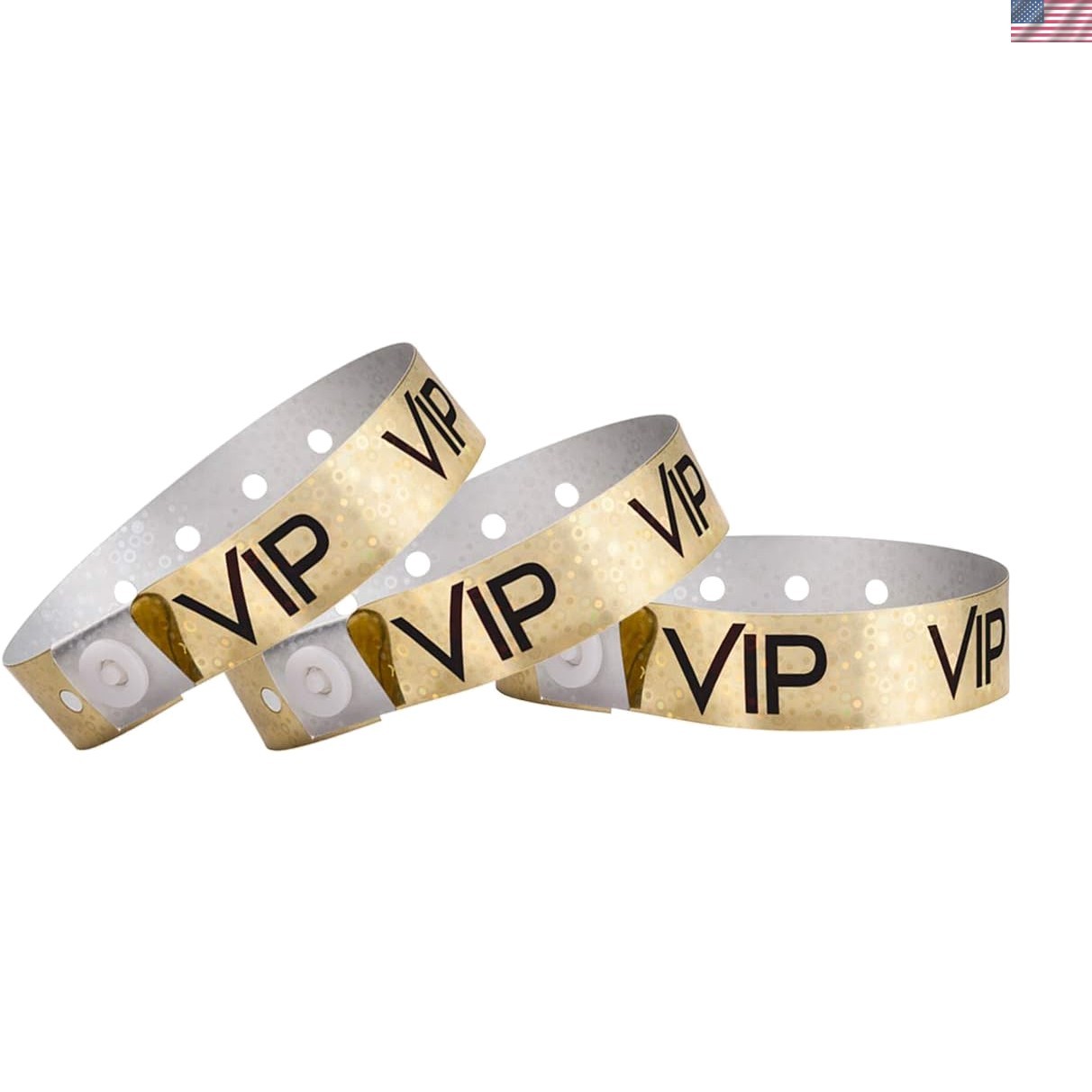 100  Holographic Gold VIP Plastic Secure Snap Wristbands - 5/8" x 10" - Water...