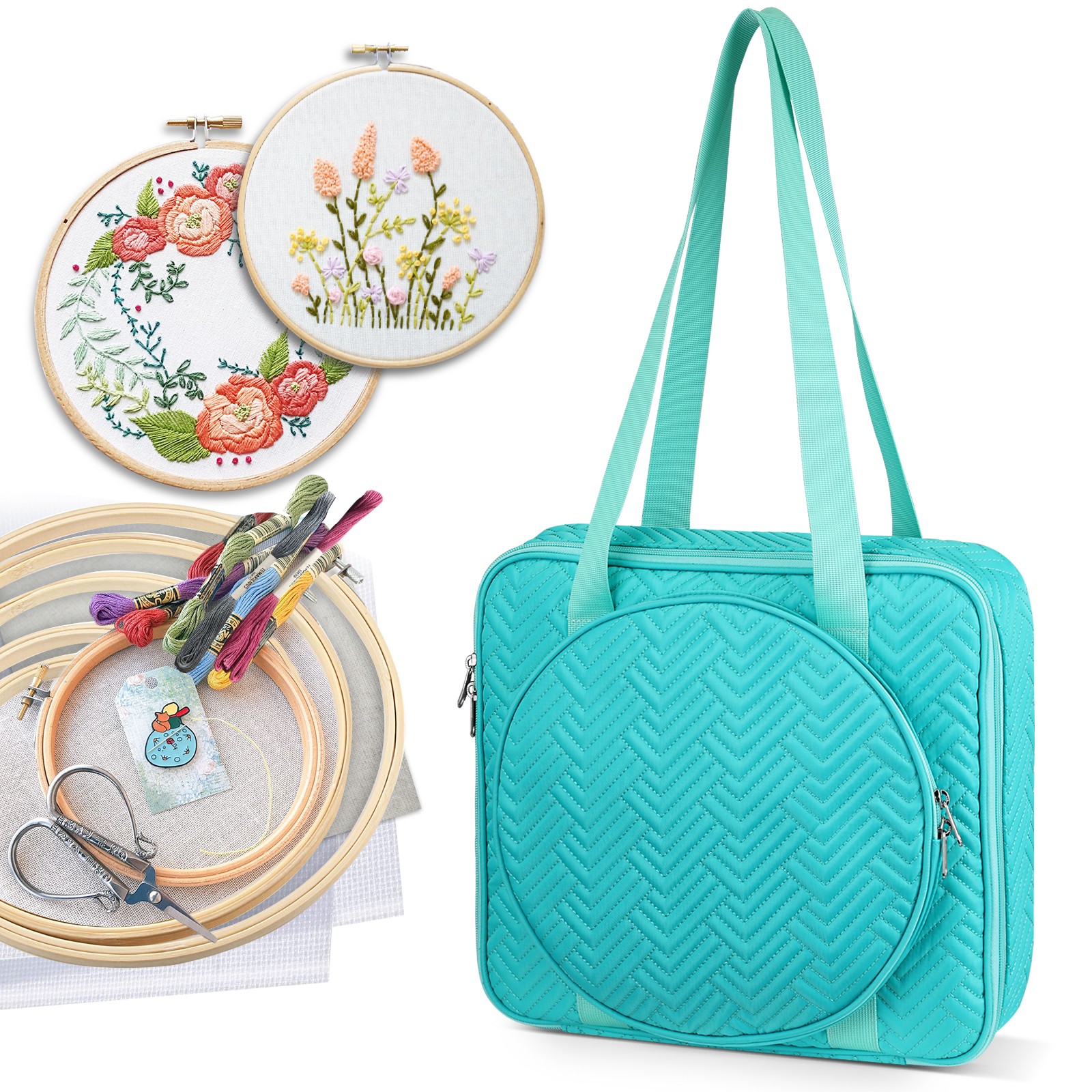 Embroidery Bag Cross Stitch Storage Square Quilted Tote Organizer with Pockets