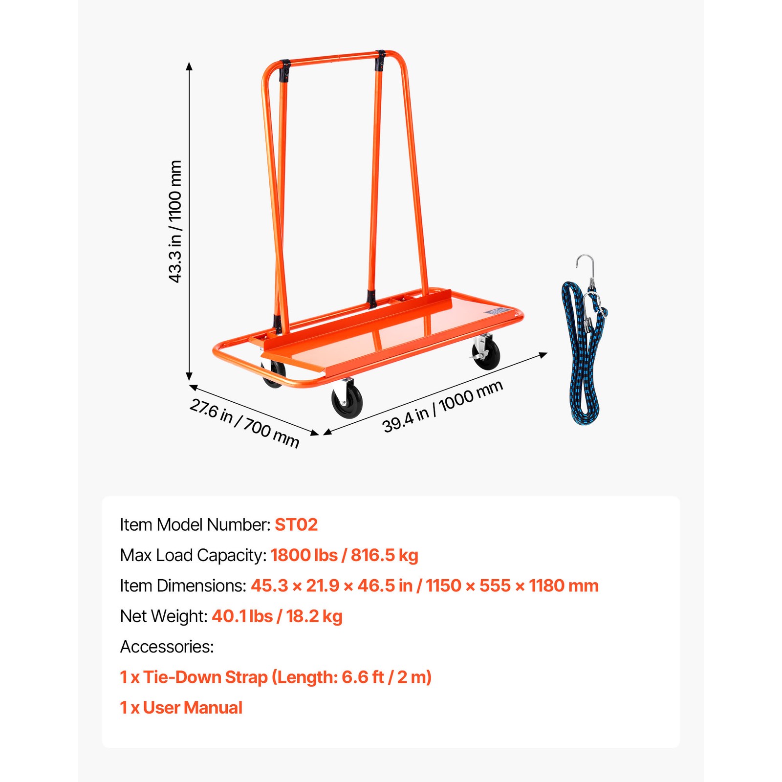 Uimoso Drywall Cart Dolly 1800 lbs Capacity Steel Panel Trolley for Plasterboard