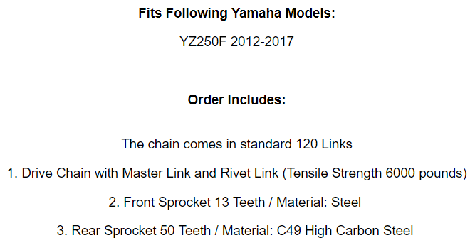 Drive Chain & Sprockets Kit for Yamaha YZ250F 2012 2013 2014 2015 2016 2017