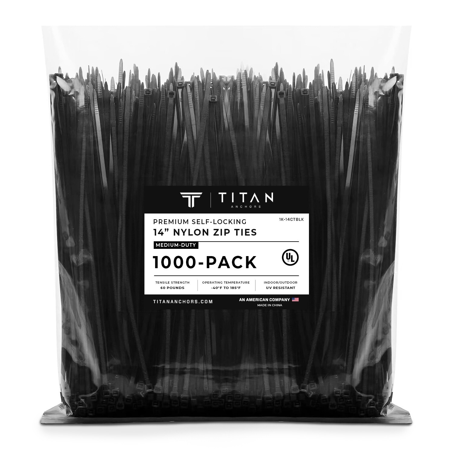 1000-Pack Premium 14" Inch Black Nylon Zip Ties, 60 lbs, UV Resistant, 4.8mm