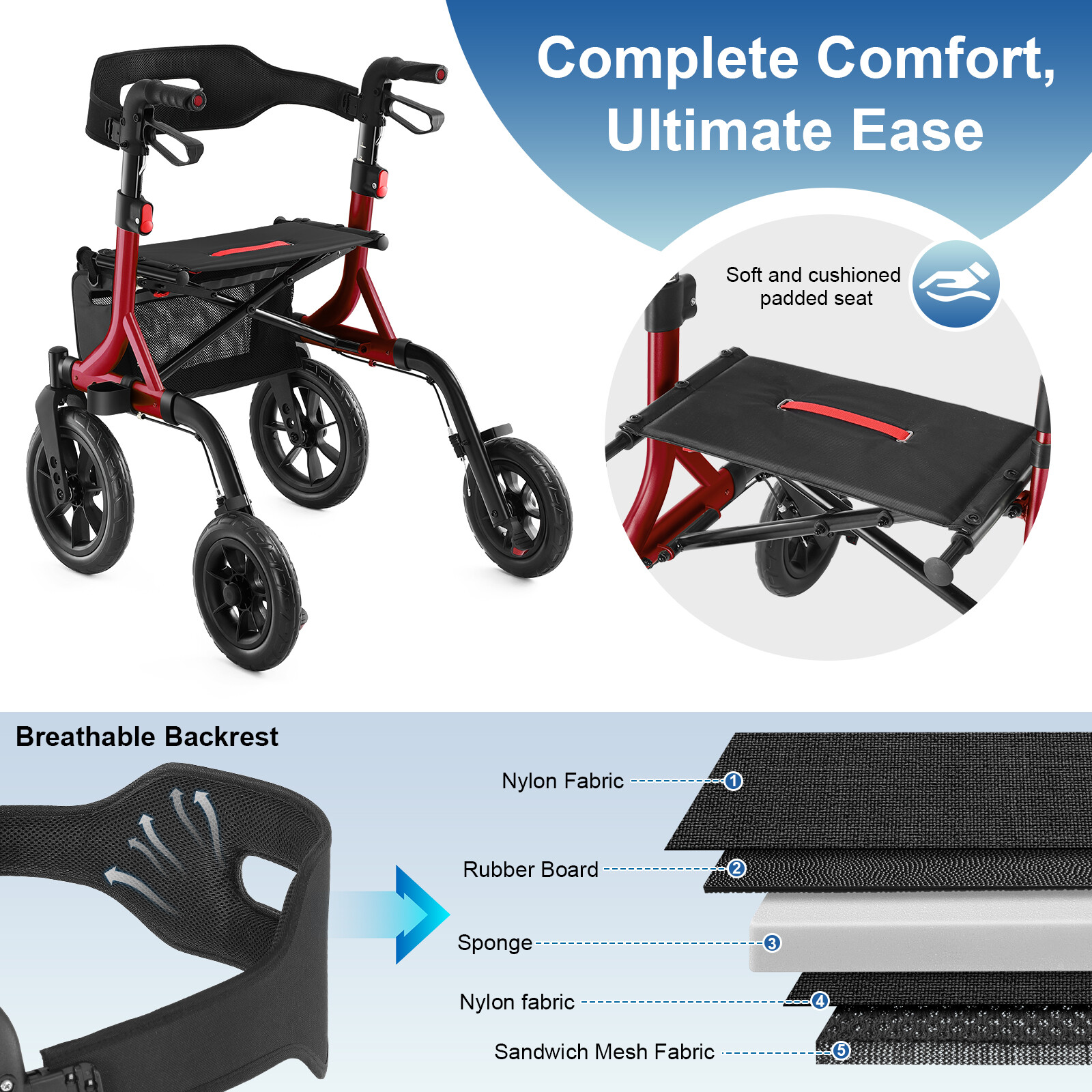 MAXWALK All-Terrain Rollator Walker for Seniors 12"Rubber Wheels Foldable Walker