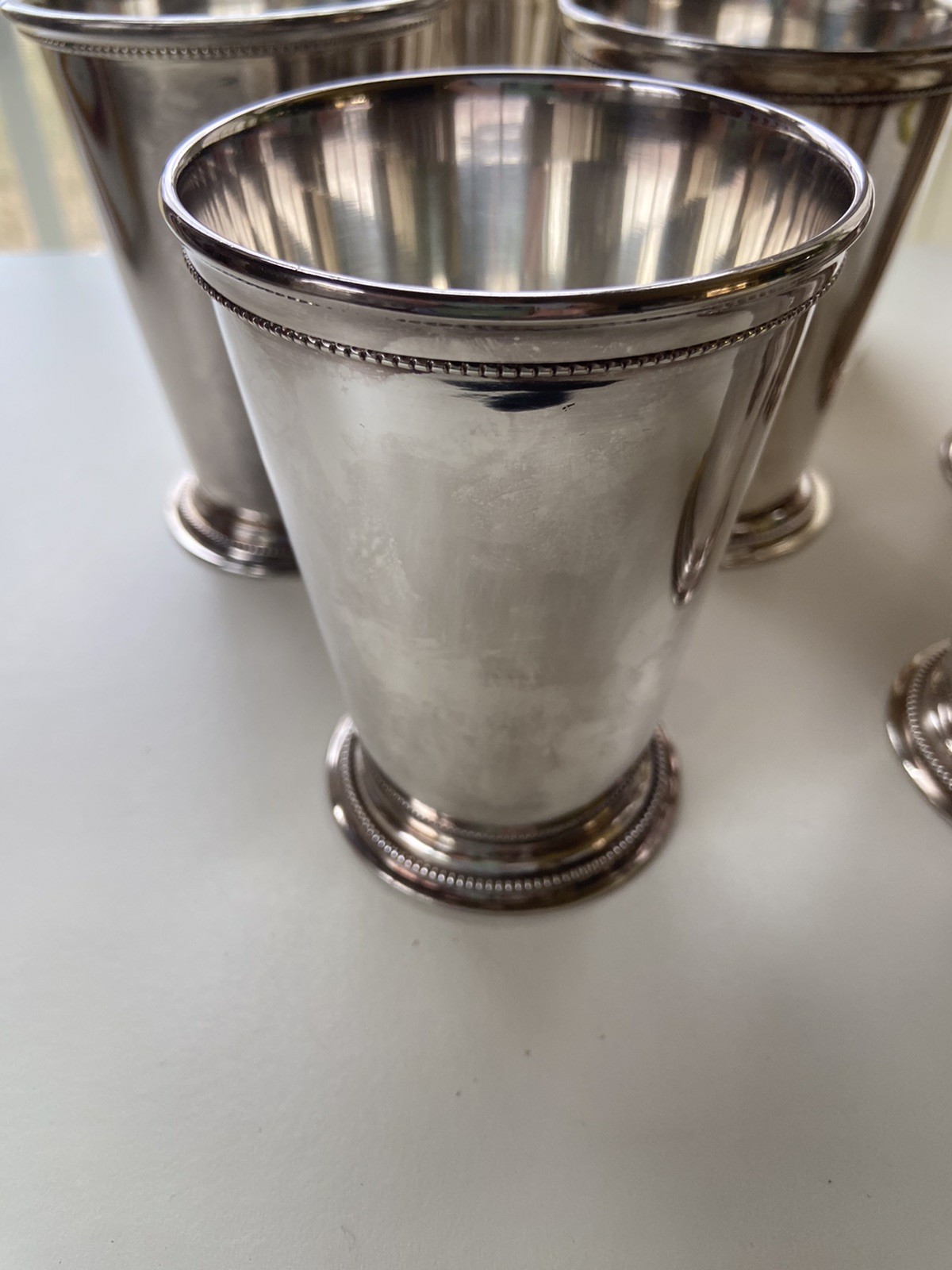 Patrick Henry Silver Plate Mint Julep Cups Beaded Band Exeter Crown Mark Lot 7