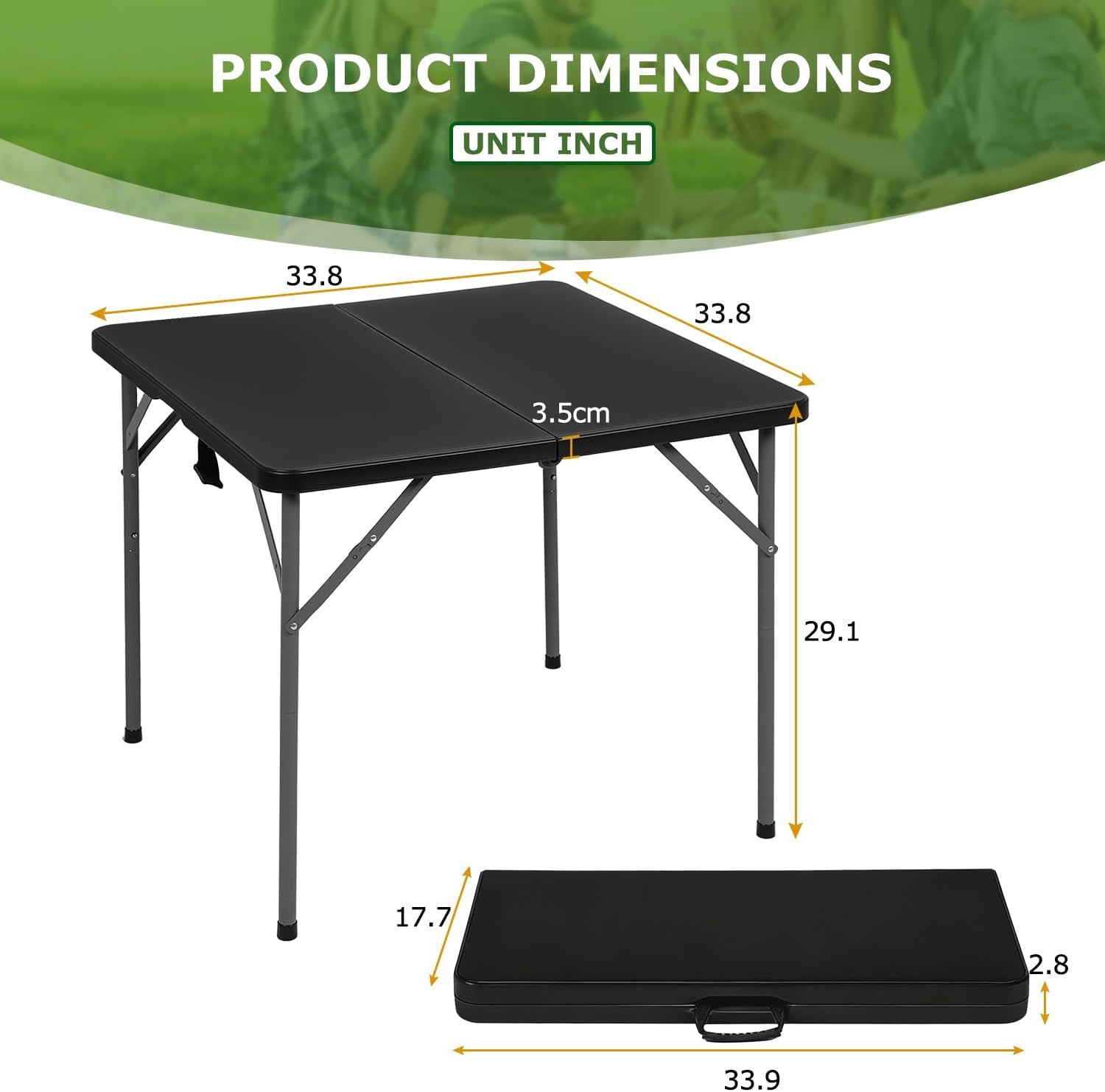 34" Folding Card Table Plastic Table Portable Square Height Dining Table, Black