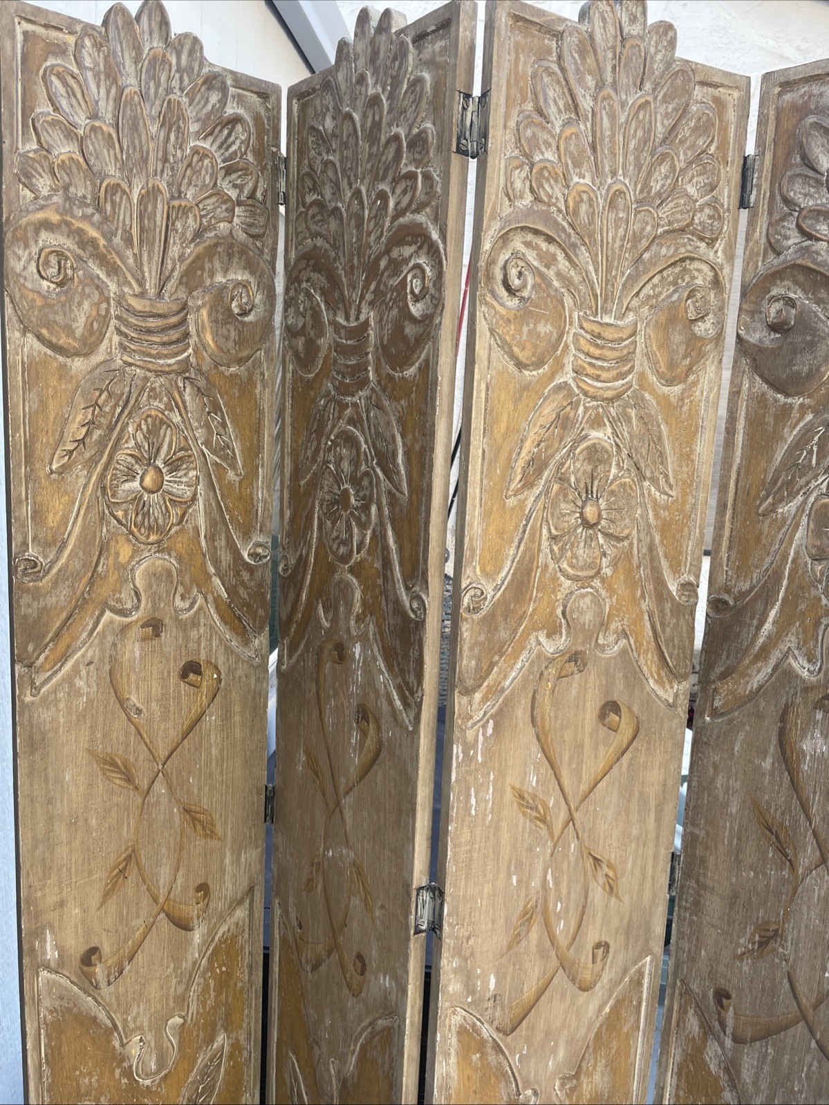 Retro Style Handcrafted 60’s Solid Wood Carved 4 Panel Divider Heavy Rare