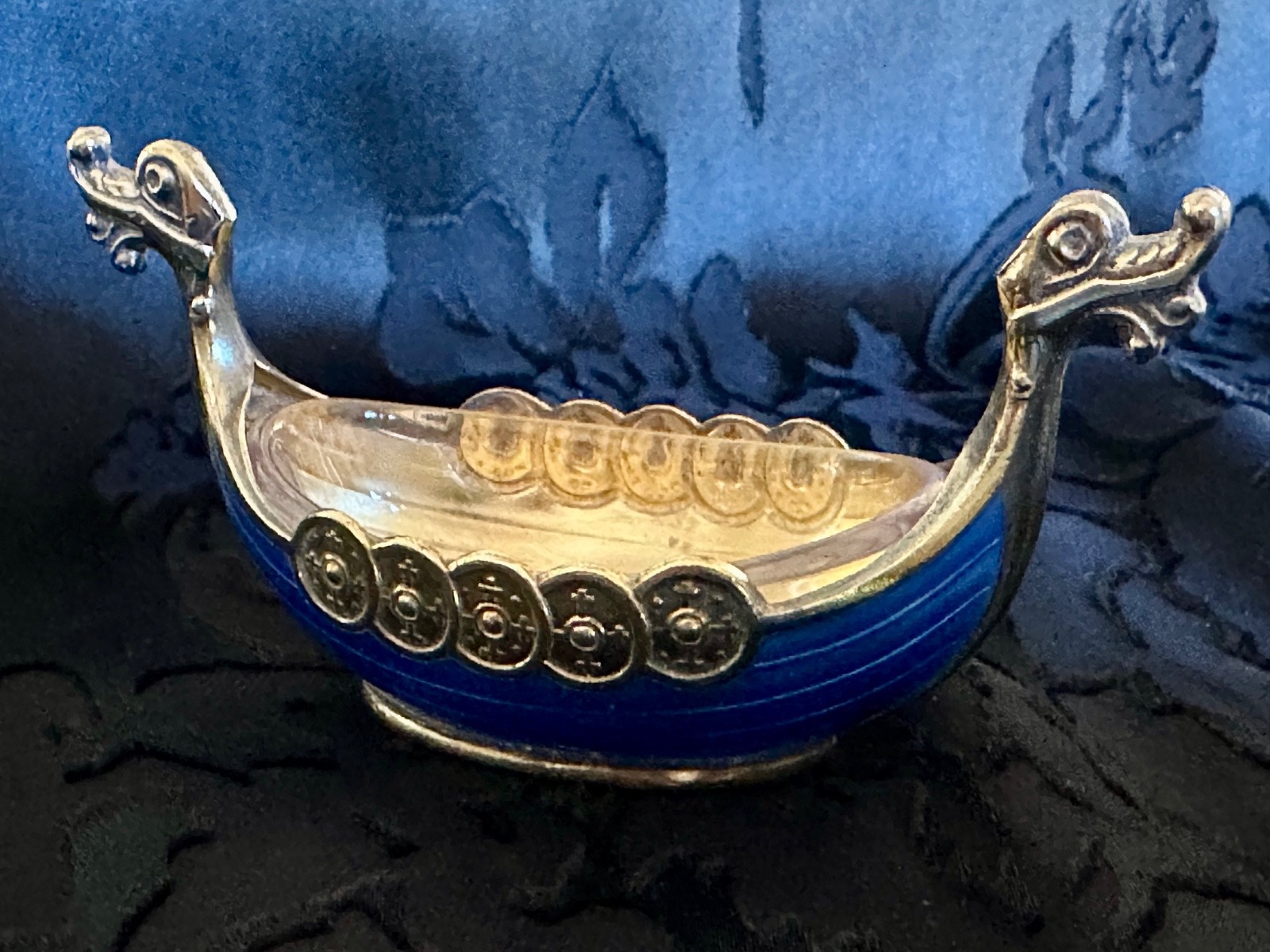 Theodore Olsen Norway Gilt Sterling Silver Blue Guilloche Viking Ship Salt