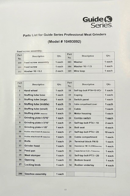 Guide Series Professional Meat Grinder #12 Parts PRICES OF PARTS IN DESCRIPTION