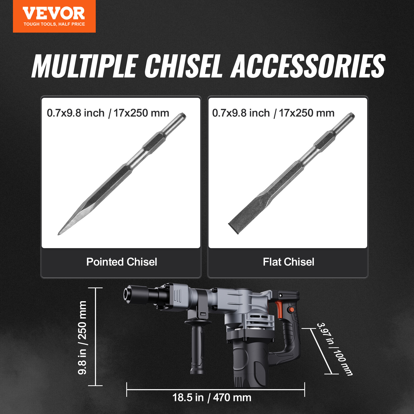 VEVOR Demolition Jack Hammer Concrete Breaker 1400W Hammer 2 Chisel Bit Black