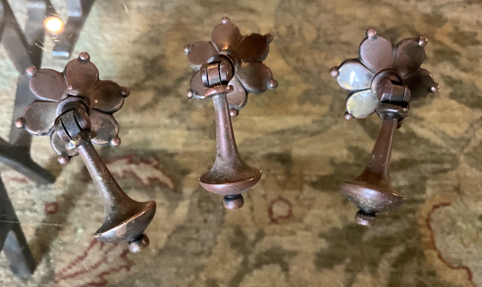 (3) Antique Brass Pendant Teardrop Drawer Pulls w/Backplates