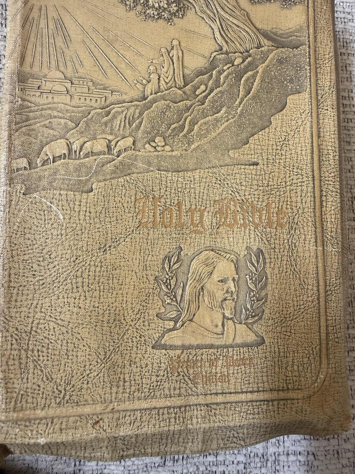 Vintage Bible Embossed Shepherd Scene Tan Gold Lettering Illustrated Maps