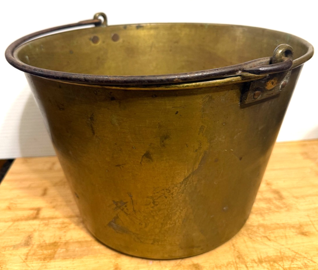 Antique HW Hayden Brass Bucket 1851 Patent Spun Brass Pail Iron Handle 1866