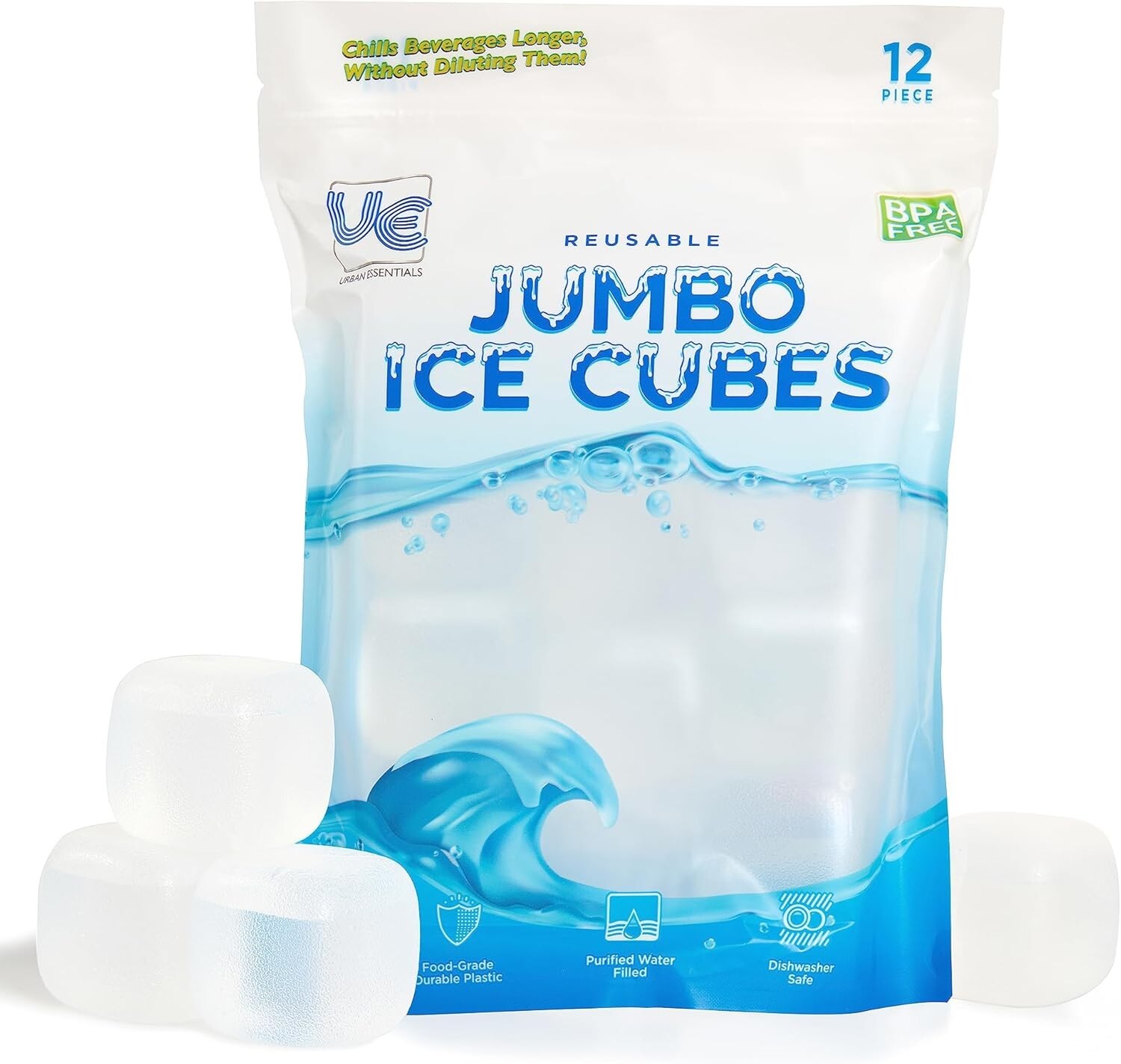 12 Pack JUMBO Reusable Plastic Ice Cubes Quick Freeze Clear 2" Square