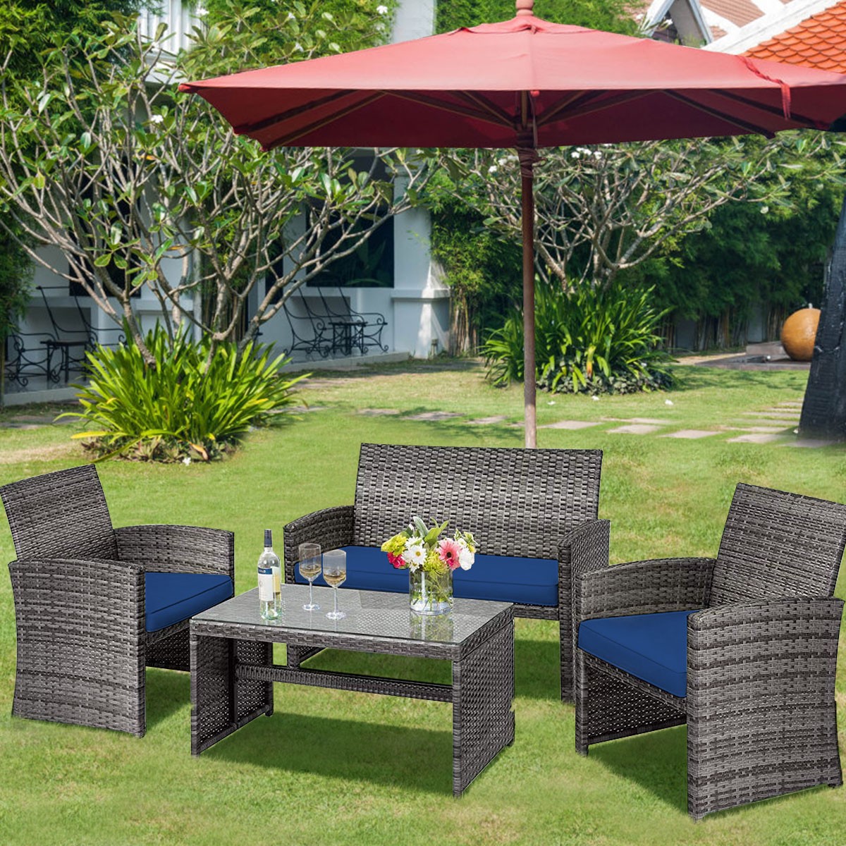 4PCS Patio Rattan Furniture Set Conversation Glass Table Top Sofa Cushioned Navy
