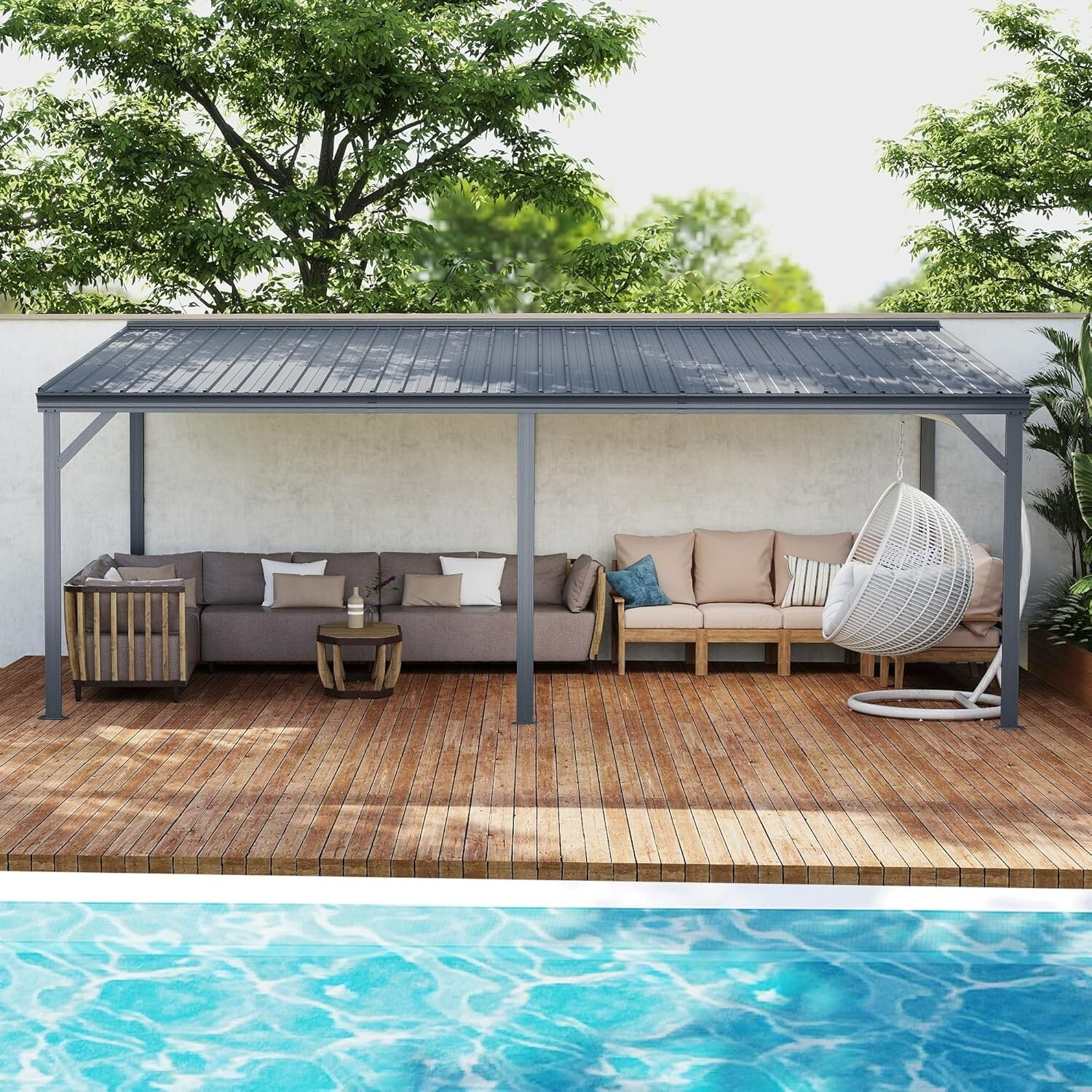 Domi 12x20FT Lean to Gazebo, Wall Mounted Gazebo w/Sloping Roof,Drainage System