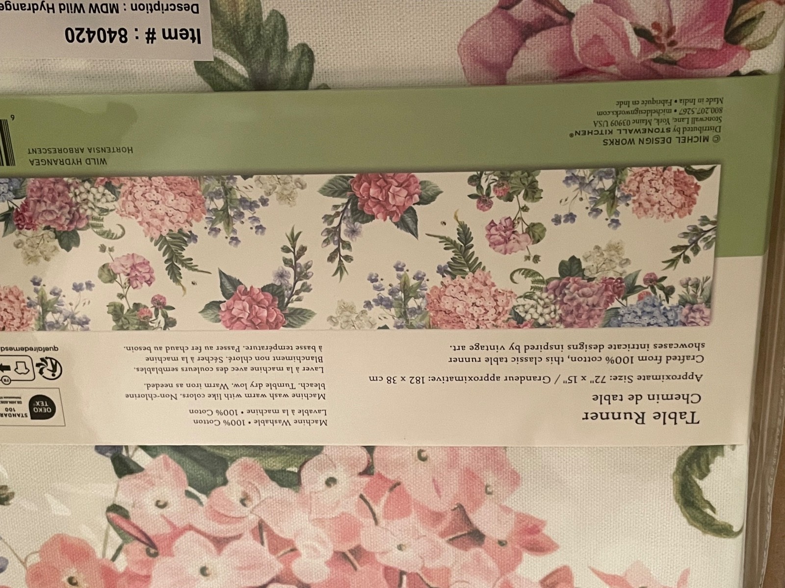 Michel Design Works Table Runner Wild Hydrangea NEW 72" x 15” Cotton