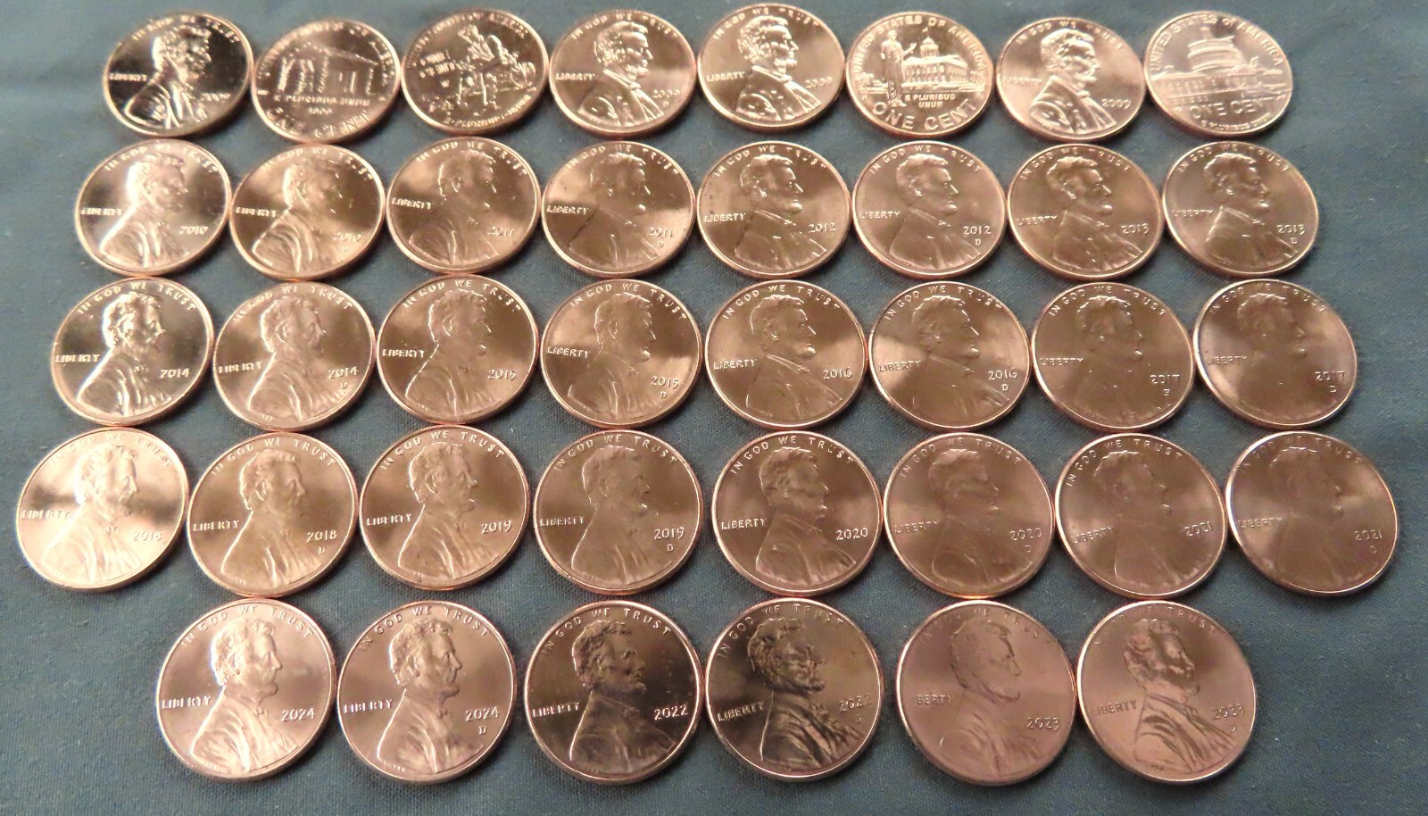 2009-2024 P & D Lincoln Shield Cent - Complete Set of 38 Brilliant Uncirculated