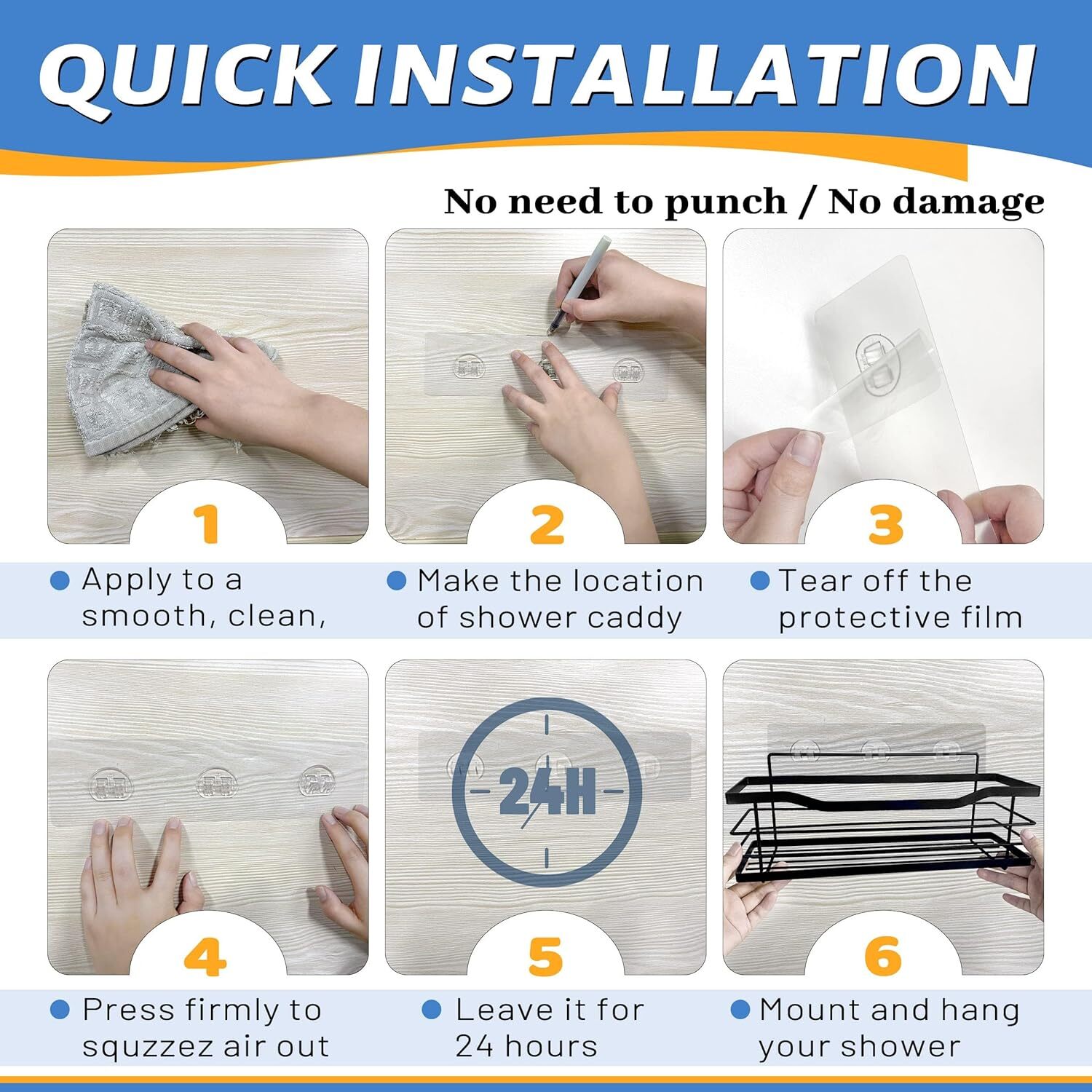 Rustproof Shower Shelf Rack Adhesive Shower Shelves & 4 Hooks Organizer 2 Pcs