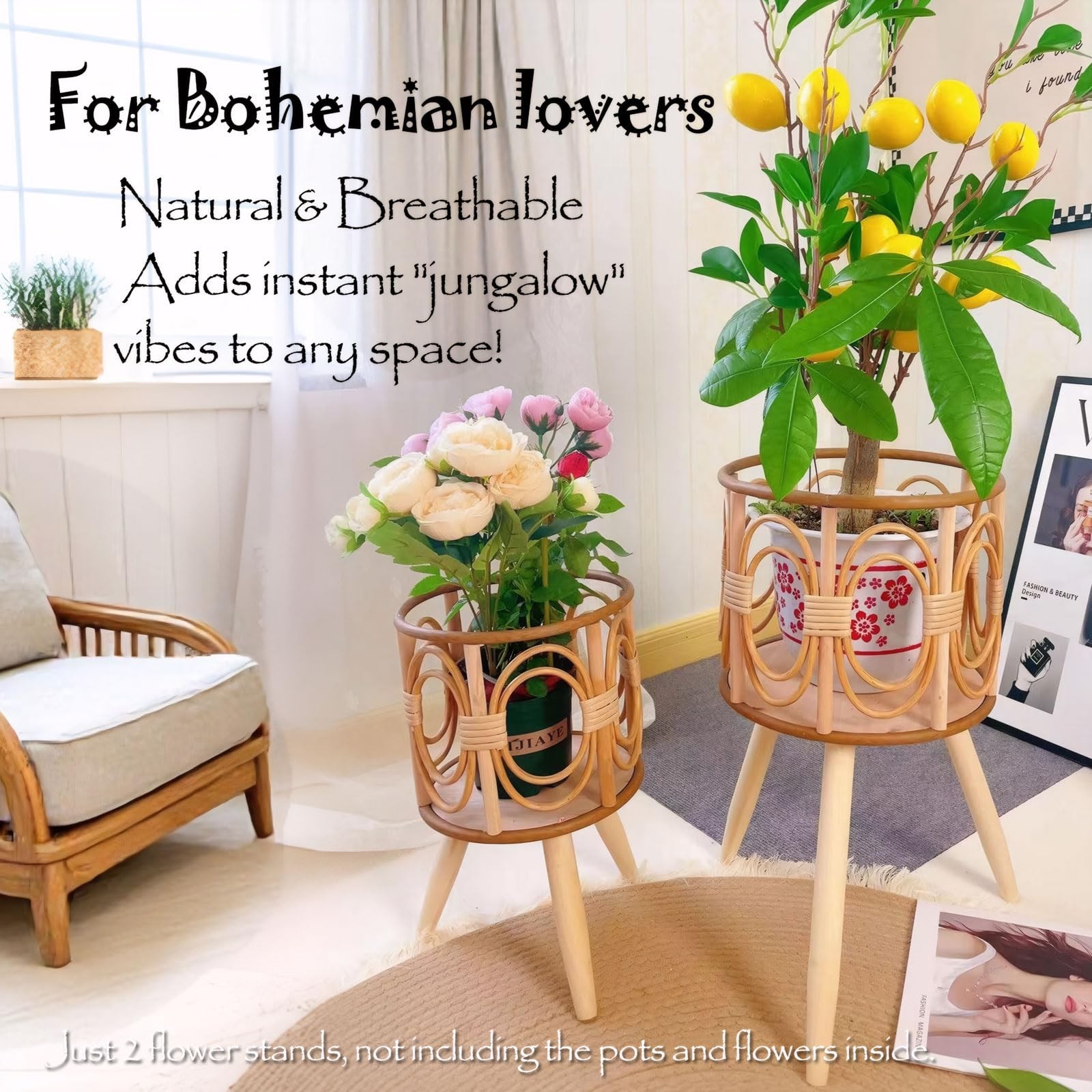 Boho Rattan Plant Stand Indoor Outdoor - 2 Rattan Wicker Planter Shelf for Mu...