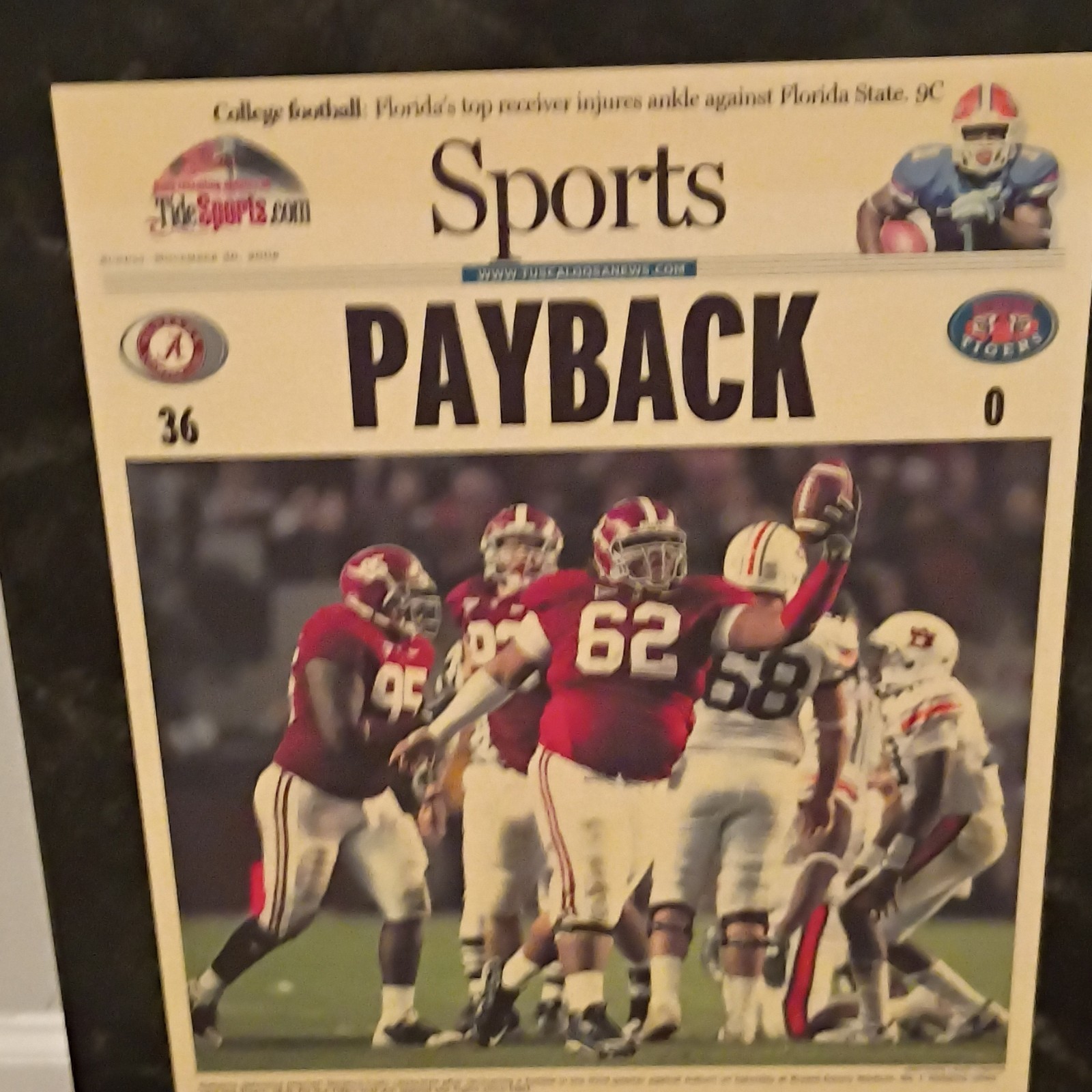 Framed Sports Newspaper Alabama vs Auburn 36-0 College Football Collectible