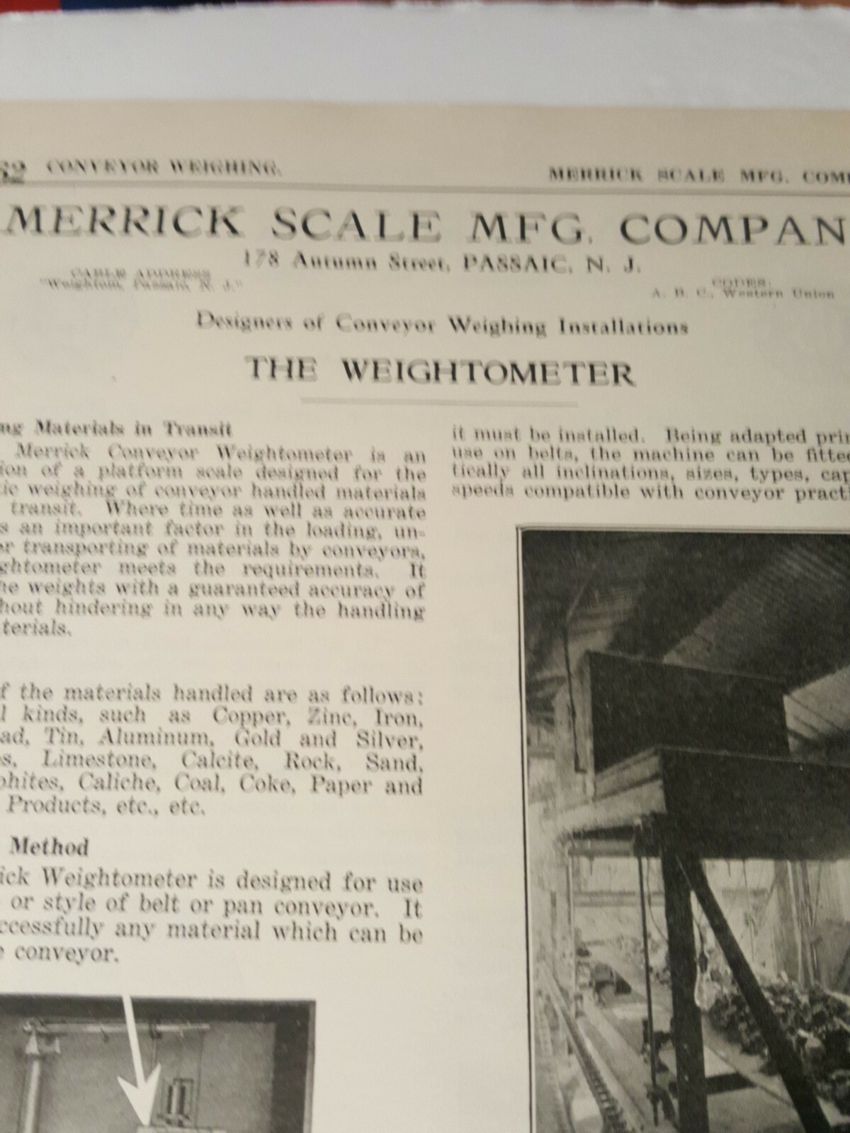 1923 print ad MERRICK SCALE MFG COMPANY mine conveyor scale "The Weightometer"