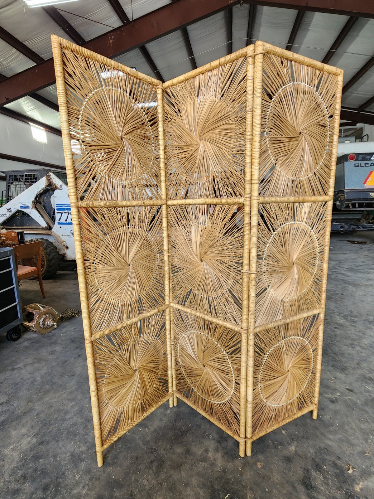 Wicker 3 Panel Art Deco Boho Screen Partition Room Divider Sunburst VTG See Desc