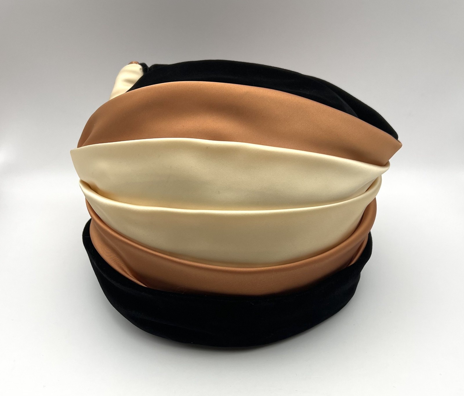 Vintage Shari Creations Turban Hat Black Velvet Cream Copper Satin USA Union