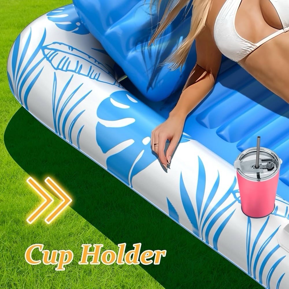 Rrtizan Inflatable Tanning Pool Float, 4-in-1 Lounge with Pillow & Cup Holder