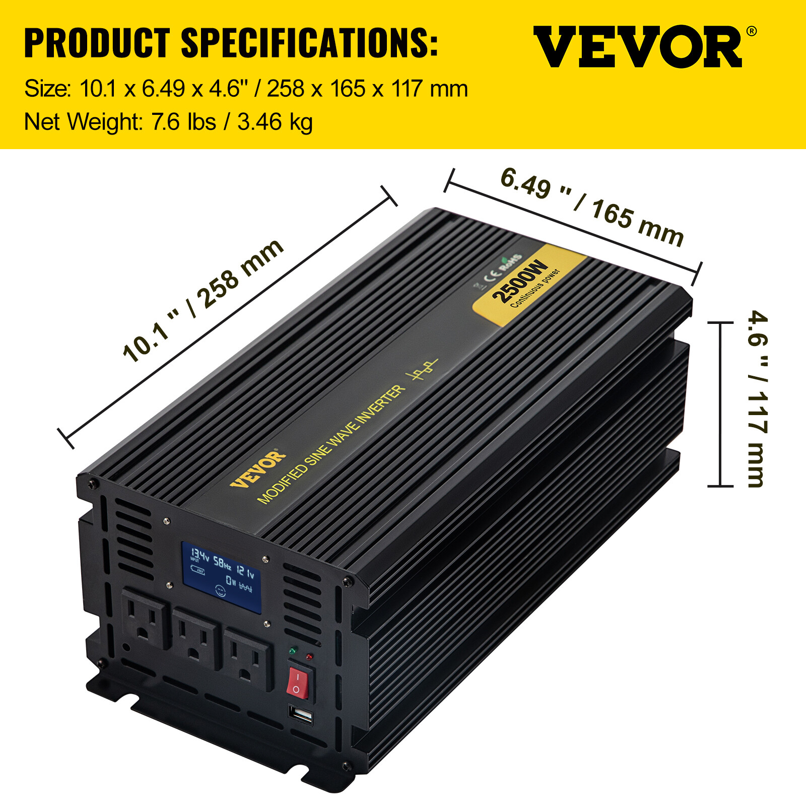 VEVOR 2500W DC 12V To AC120V Car Power Inverter Modified Sine Wave Converter LCD