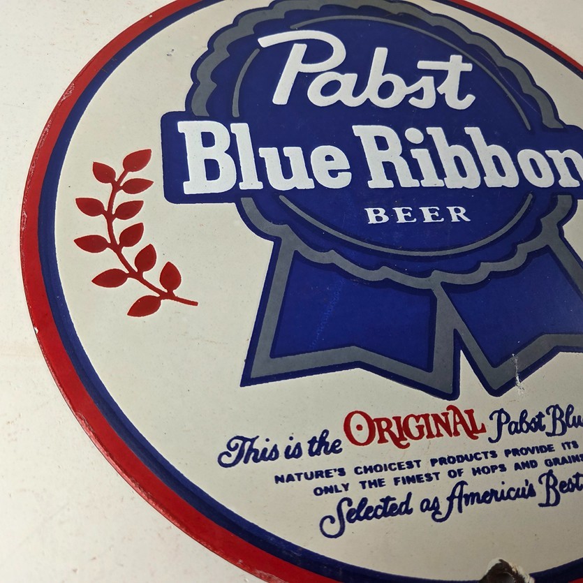 Vintage Pabst Blue Ribbon Beer Porcelain Sign - Ribbon Badge Logo Sign