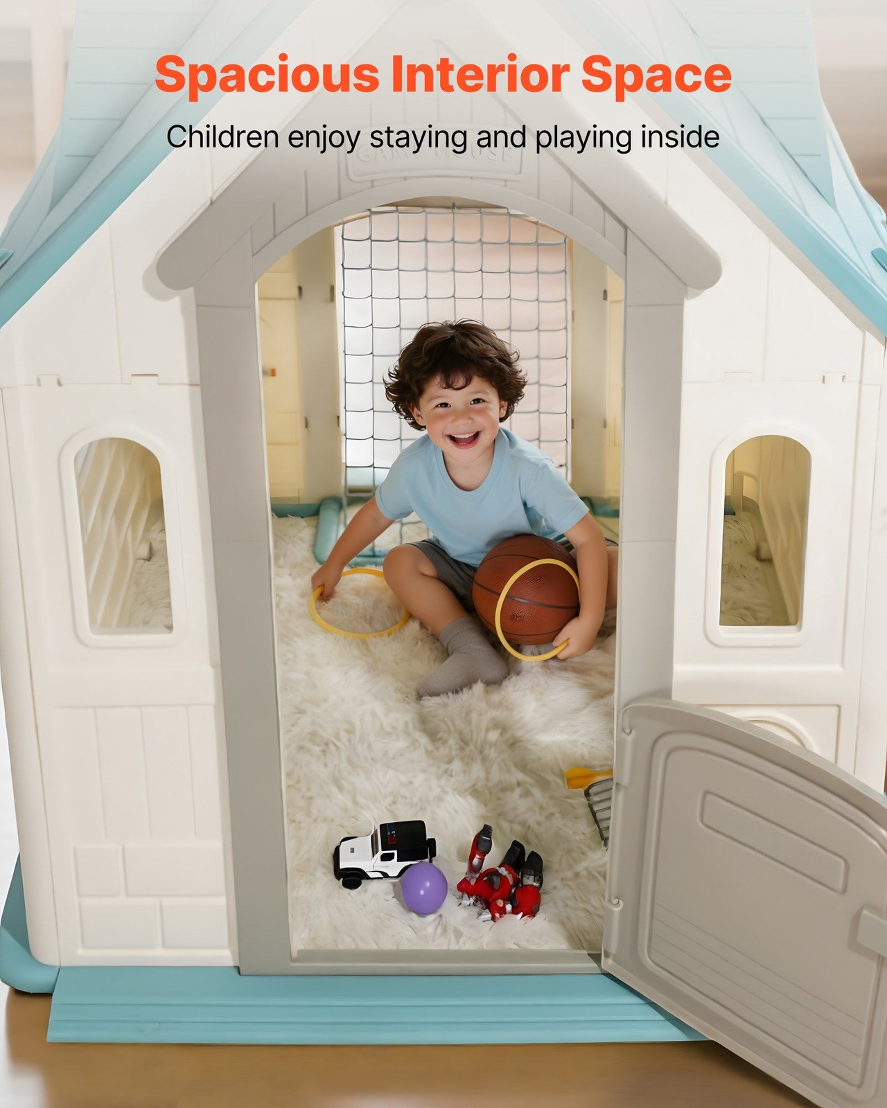 Outdoor Playhouse, 5-In-1 Cottage Play House with Pretend Play, Basketball