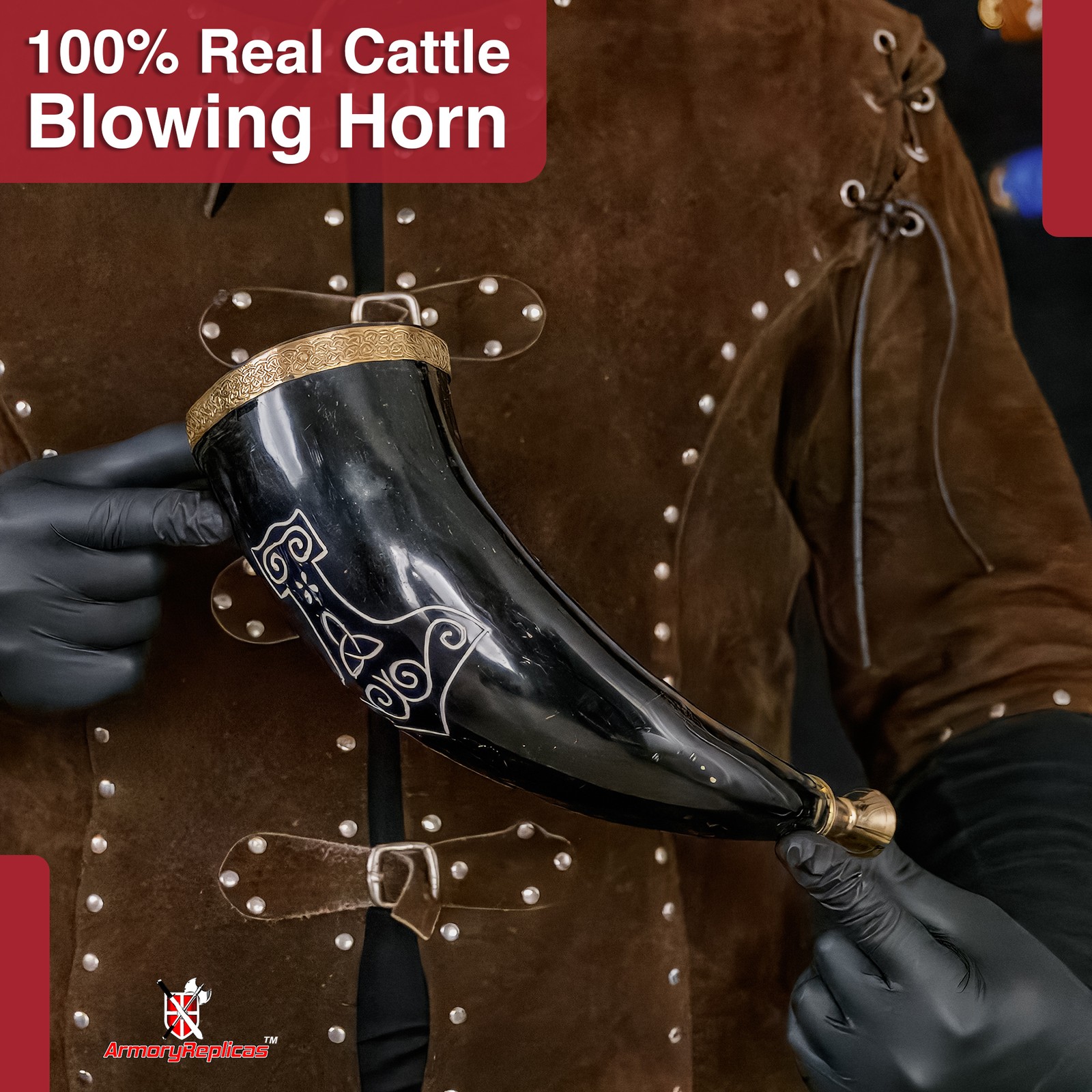 Medieval Viking Mjolnir Blowing Horn with Brass Rim - 9-12" Authentic Horn