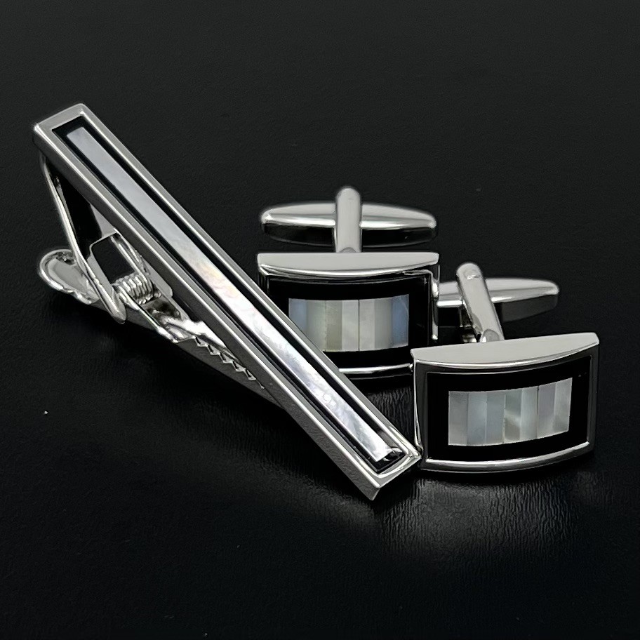 Mother Pearl Onyx Cufflinks And Tie Clip Set Men Birthday Wedding Gift