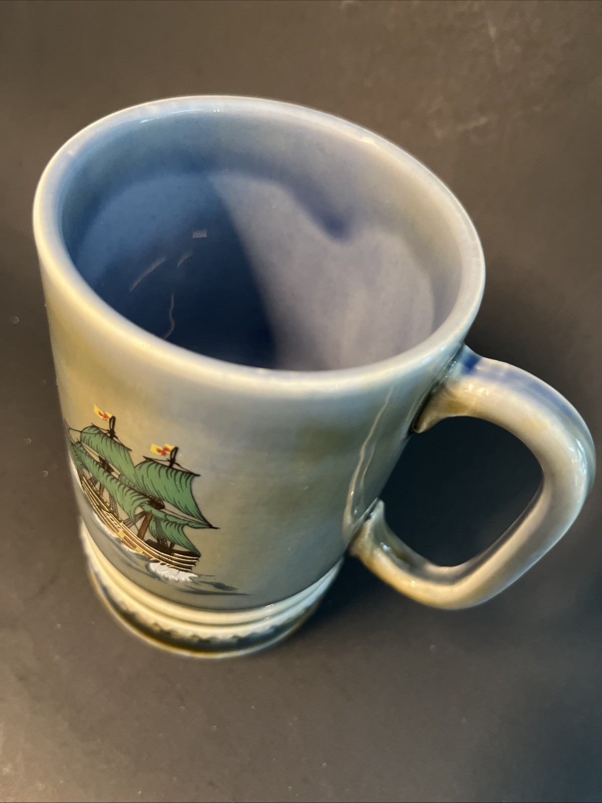 Vintage Wade Ireland Green Beer Stein Mug Sail Boat Green Sails Music Box