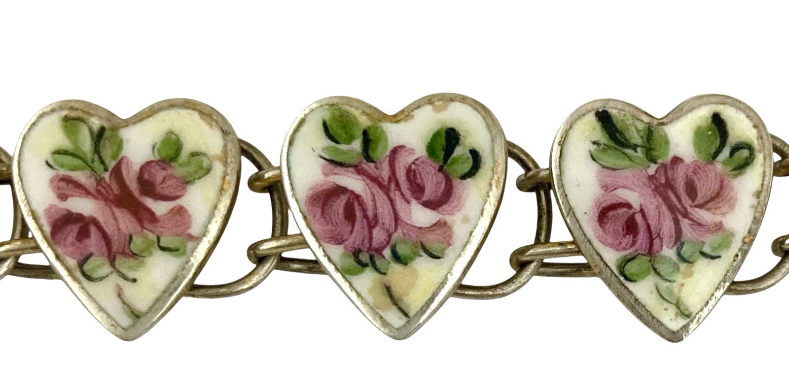 ANTIQUE ART DECO Sterling Gold Vermeil PINK ROSE SWEETHEART Link Bracelet